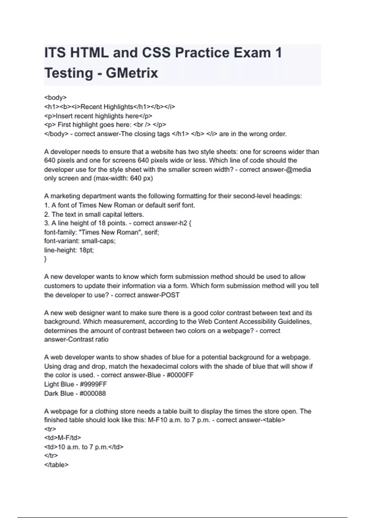 ITS HTML and CSS Practice Exam 1 Testing - GMetrix Questions with 100% ...