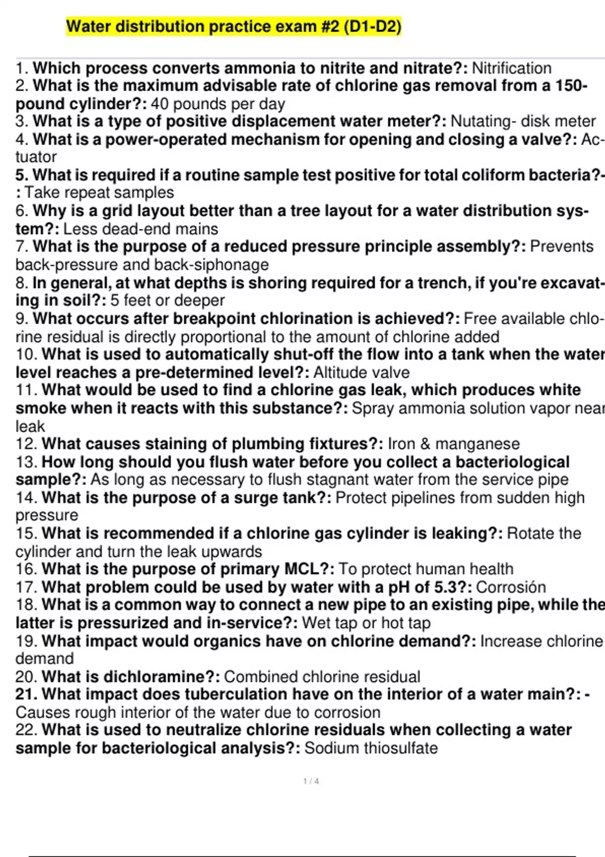 Water distribution practice exam 2 (D1D2) 1. Which process converts