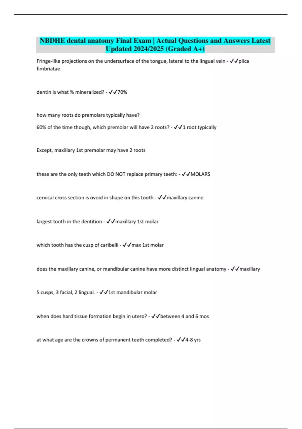 NBDHE dental anatomy Final Exam | Actual Questions and Answers Latest ...