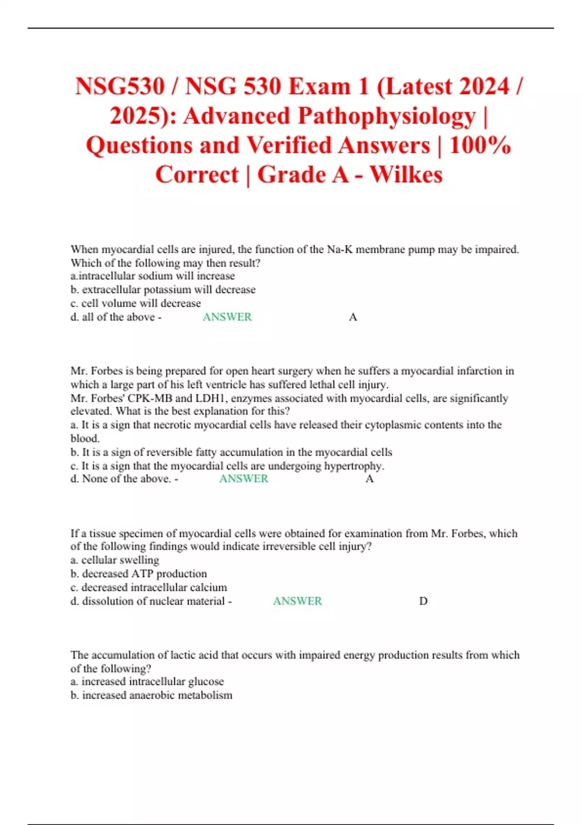 NSG530 / NSG 530 Exam 1 (Latest 2024 / 2025): Advanced Pathophysiology ...