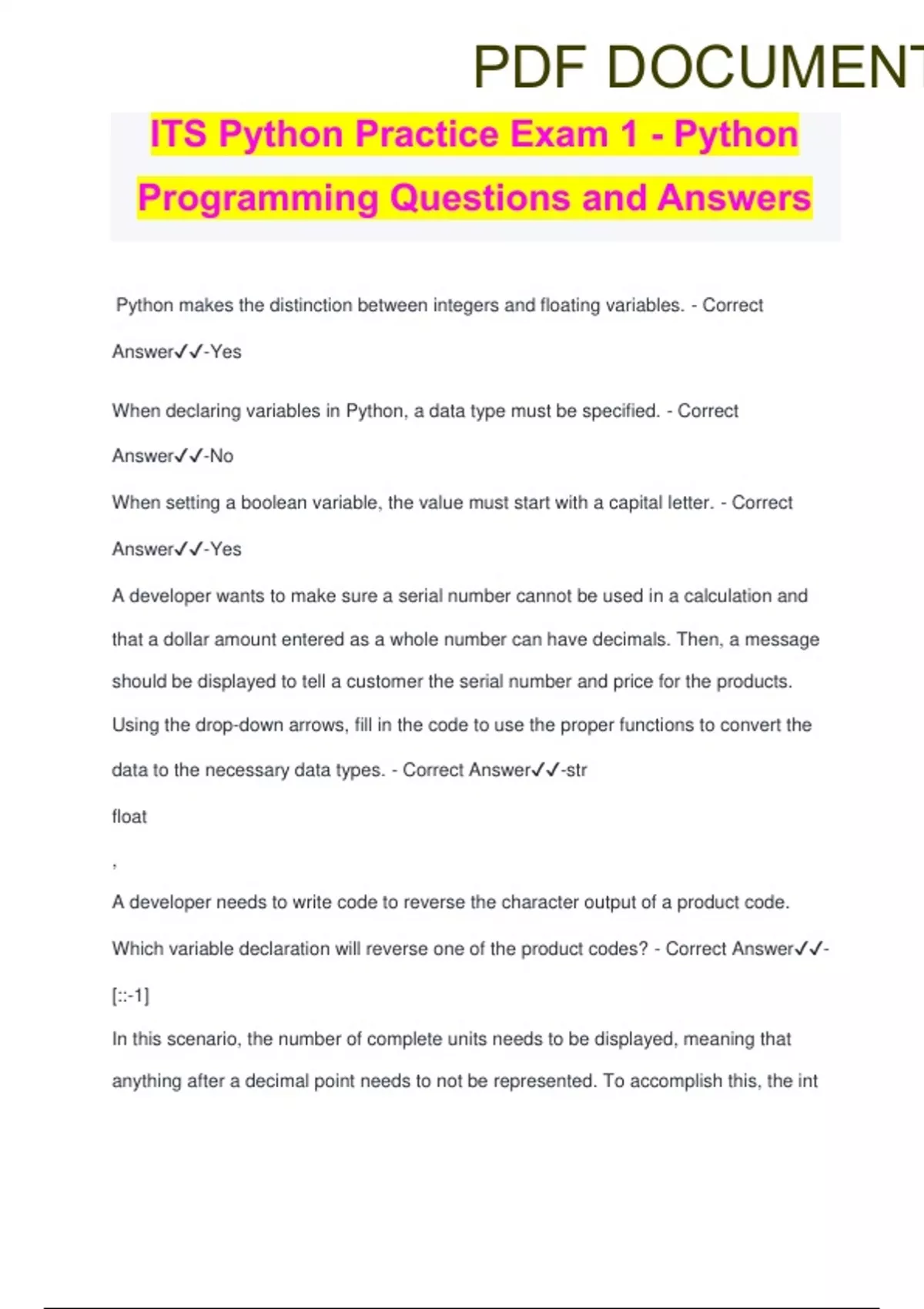 ITS Python Practice Exam 1 - Python Programming Questions and Answers ...
