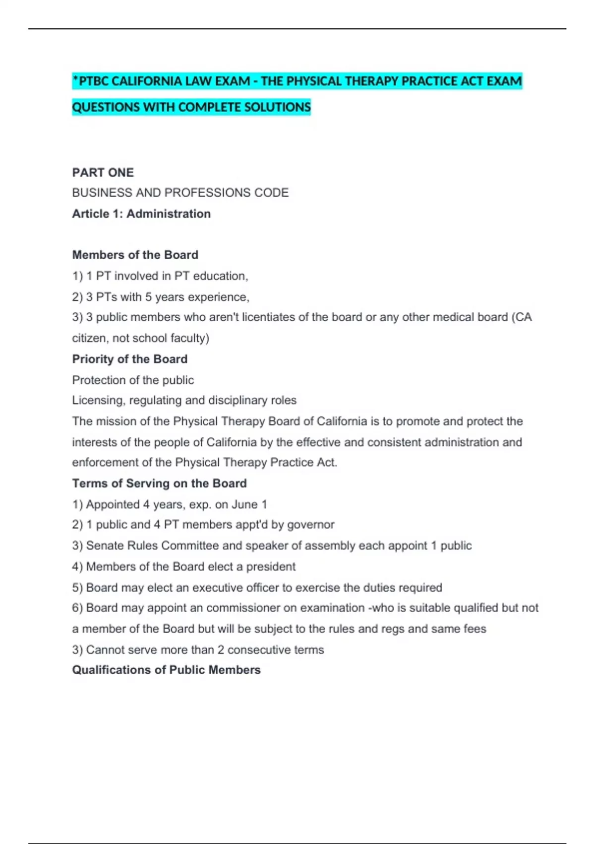 *PTBC CALIFORNIA LAW EXAM THE PHYSICAL THERAPY PRACTICE ACT EXAM