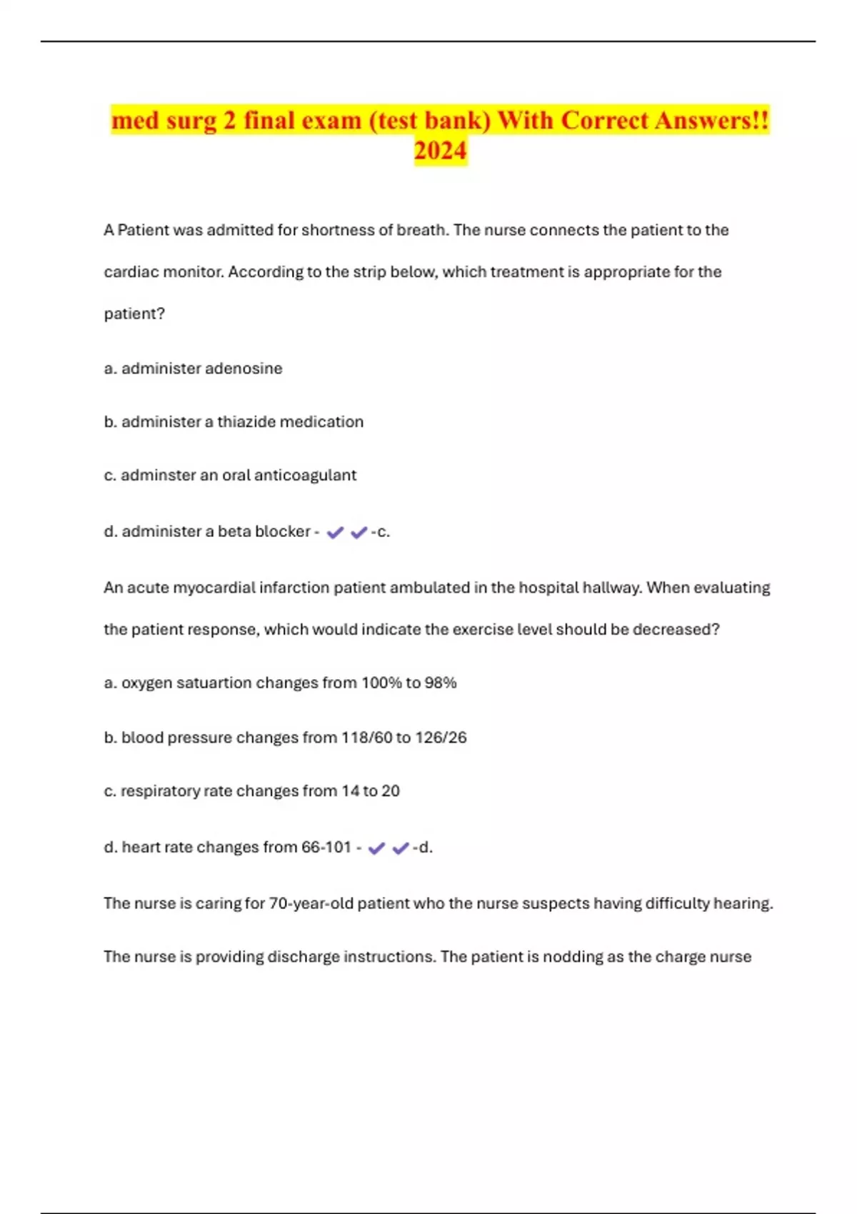 med surg 2 final exam (test bank) With Correct Answers!! 2024 - Med ...