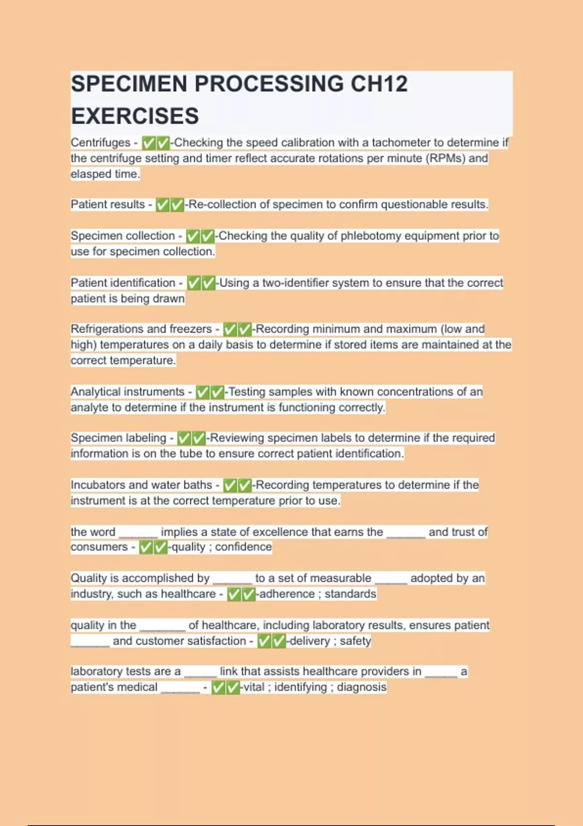 SPECIMEN PROCESSING CH12 EXERCISES Questions with verified correct