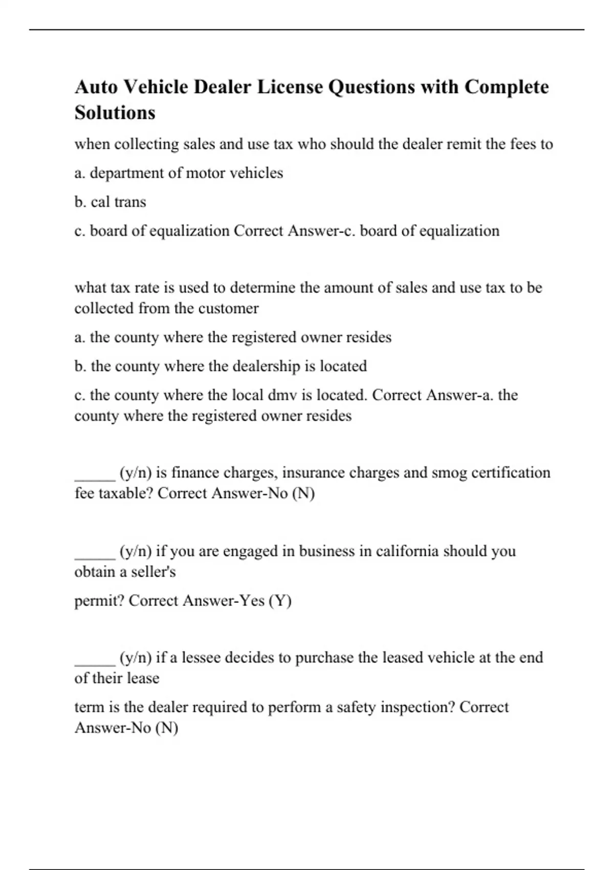 Automobile Questions Auto Vehicle Dealer License Questions with Complete Solutions - Auto ...