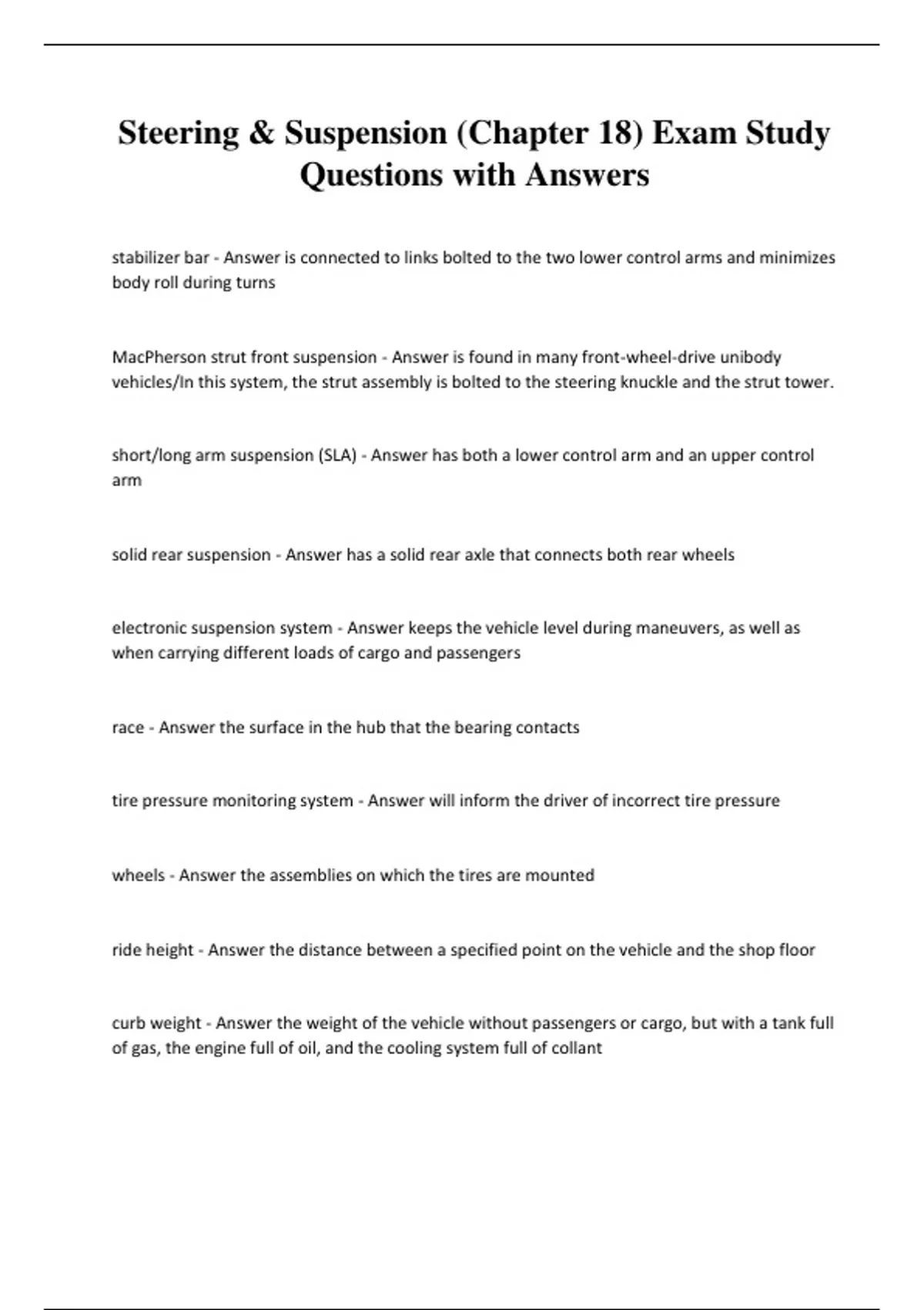 Steering & Suspension (Chapter 18) Exam Study Questions with Answers
