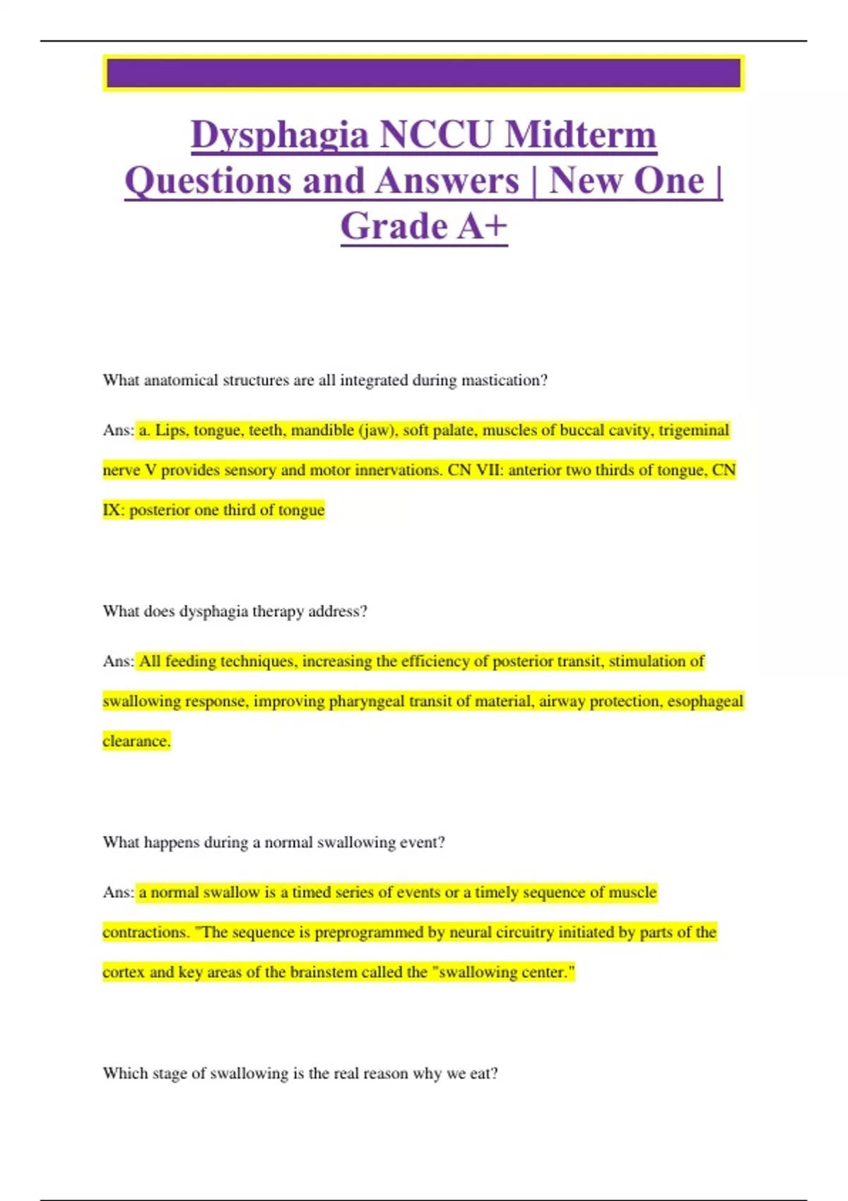 Dysphagia NCCU Midterm Questions and Answers | New One | Grade A+ ...