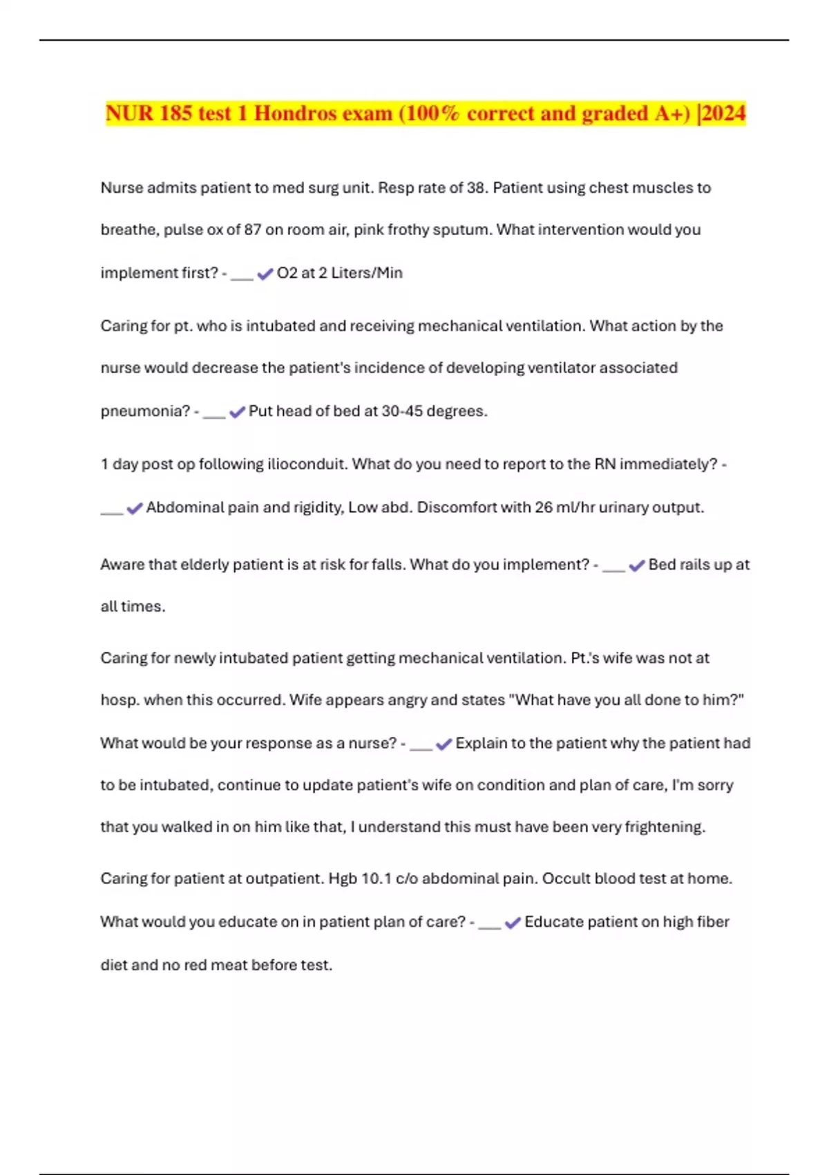 NUR 185 test 1 Hondros exam (100% correct and graded A+) |2024 - NUR ...
