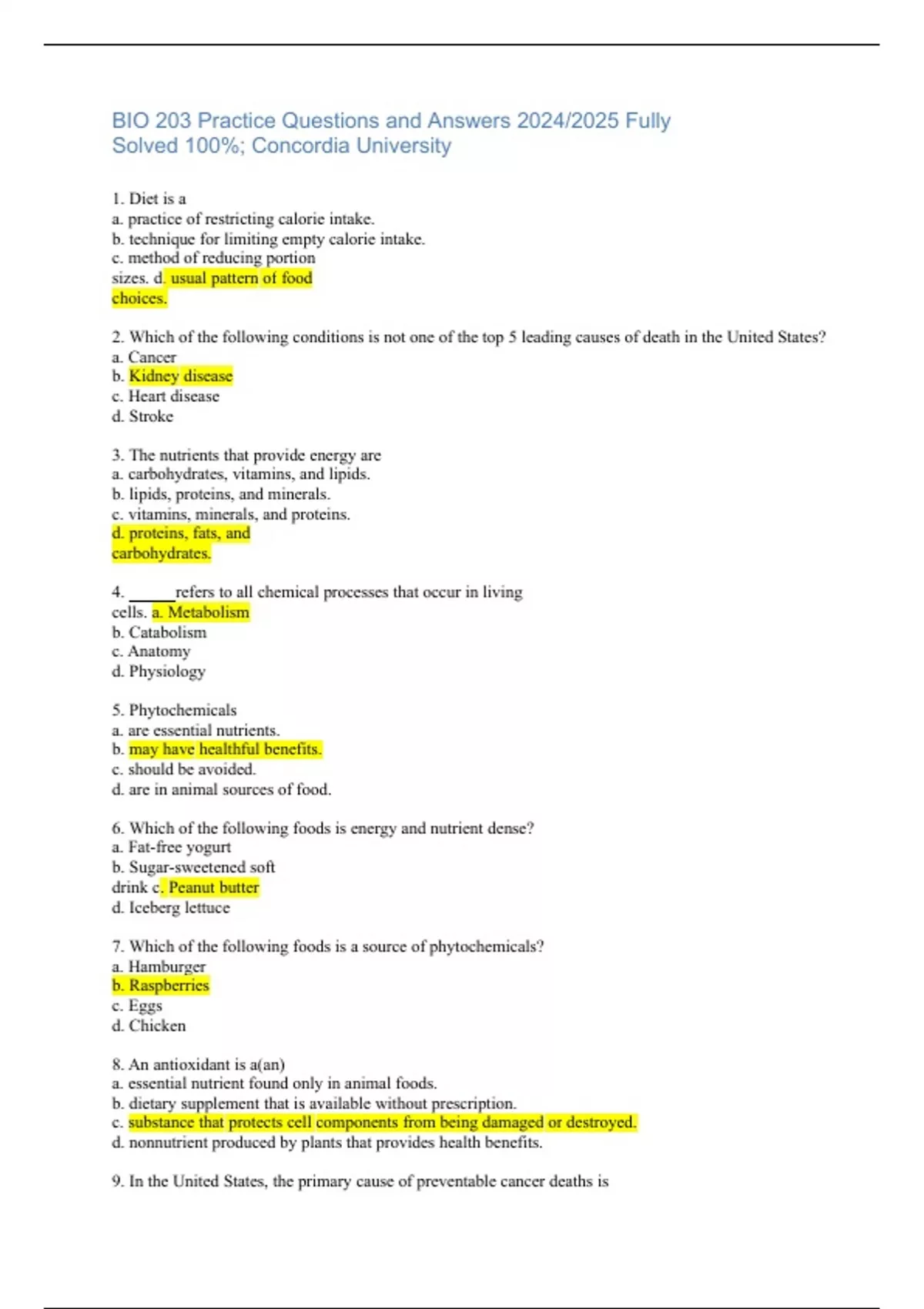 BIO 203 Practice Questions and Answers 2024/2025 Fully Solved 100% ...