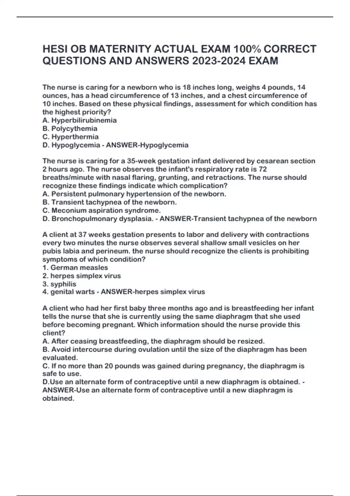 HESI OB MATERNITY ACTUAL EXAM 100% CORRECT QUESTIONS AND ANSWERS EXAM ...