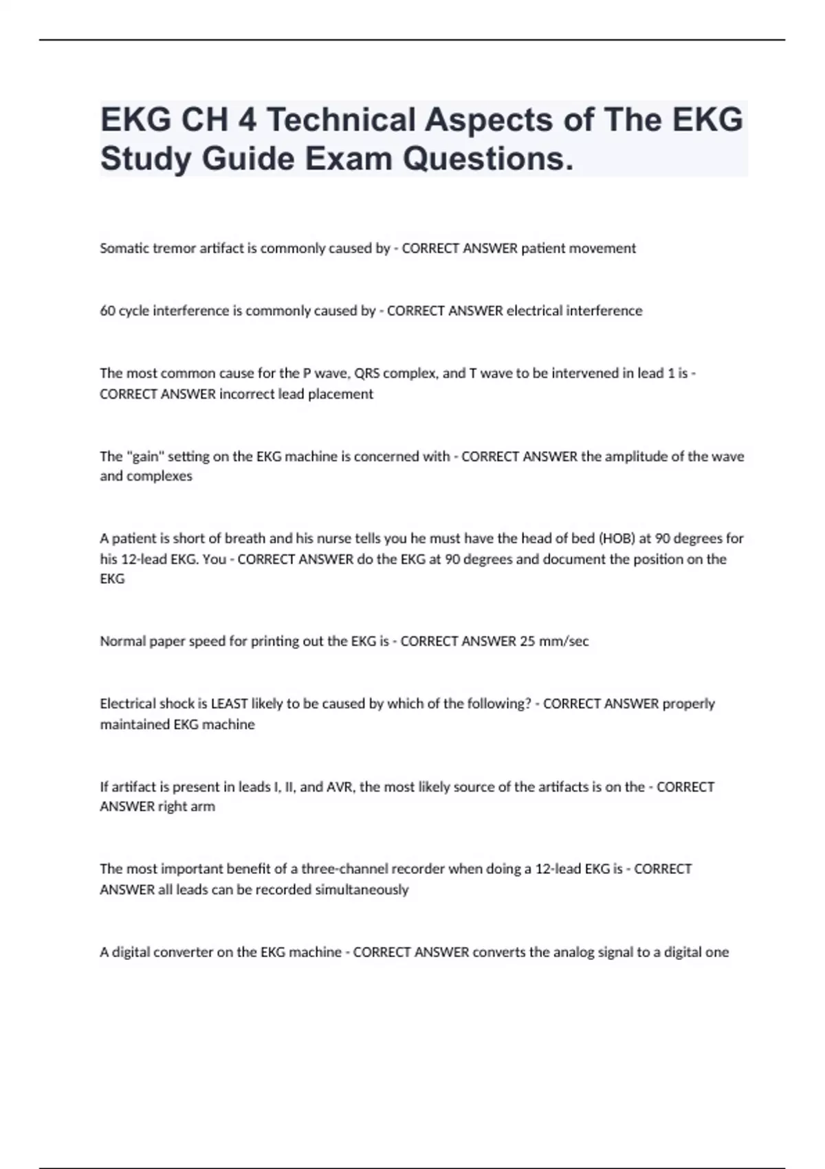 EKG CH 4 Technical Aspects of The EKG Study Guide Exam Questions. - Ekg ...
