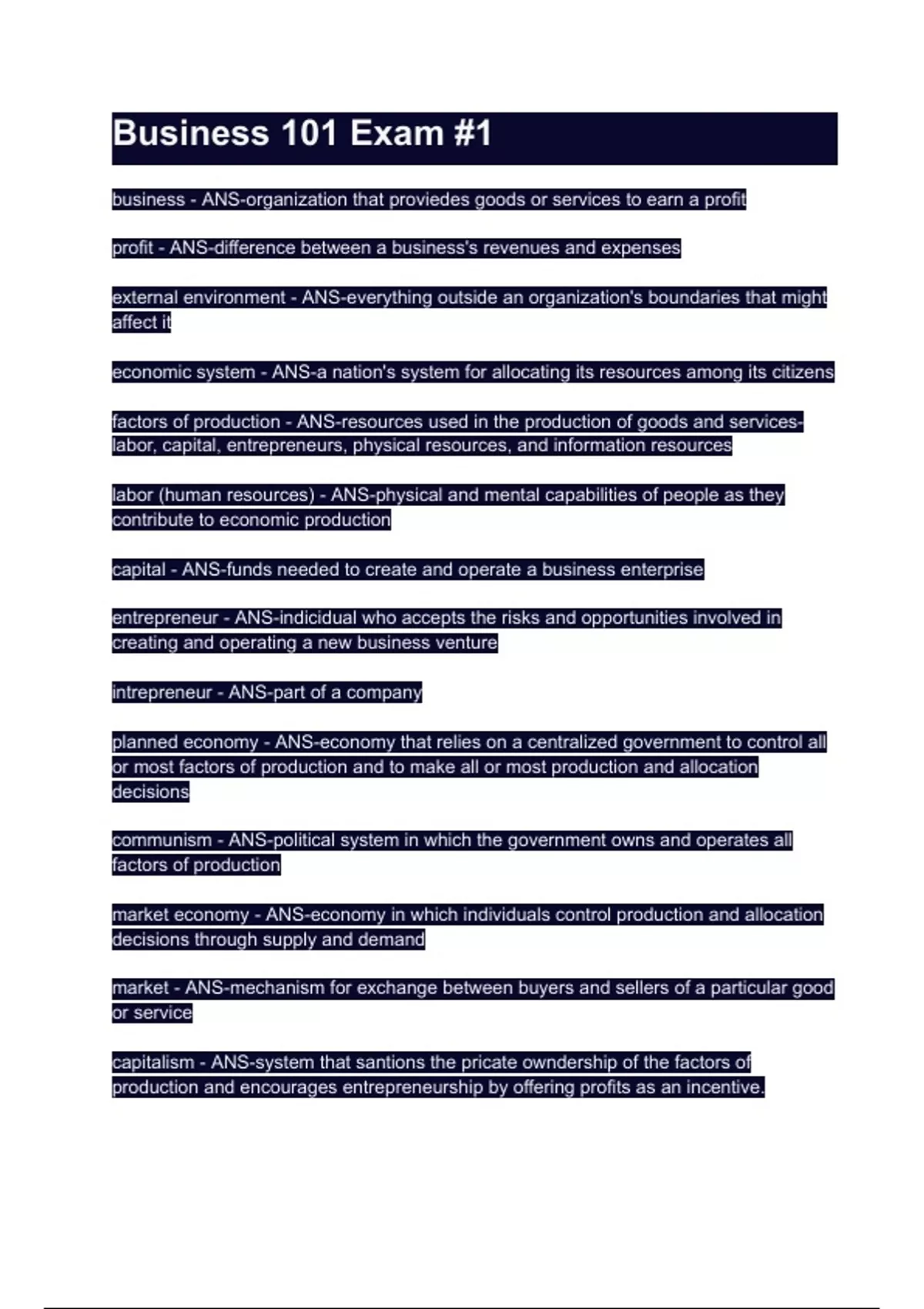 Business 101 Exam #1 Questions with 100% Actual correct answers ...