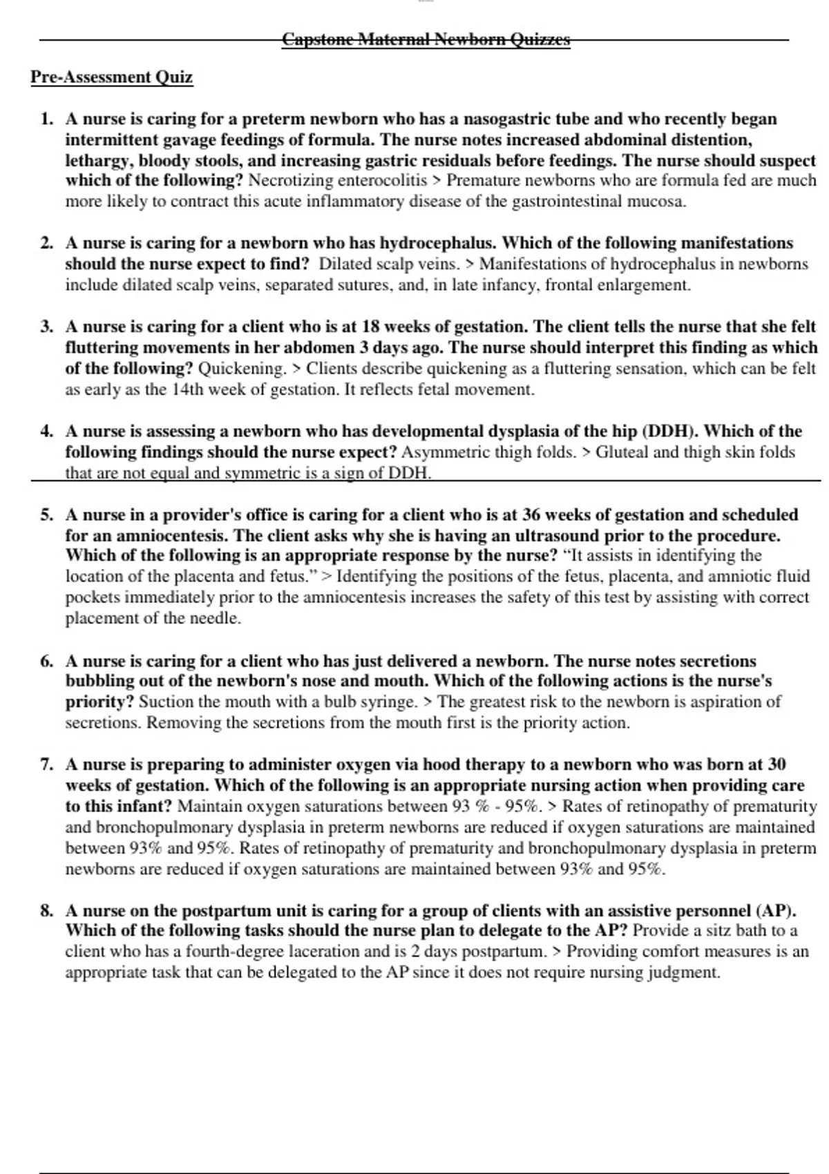 Capstone Maternal Newborn Quizzes Questions and Answers 2024 100% ...