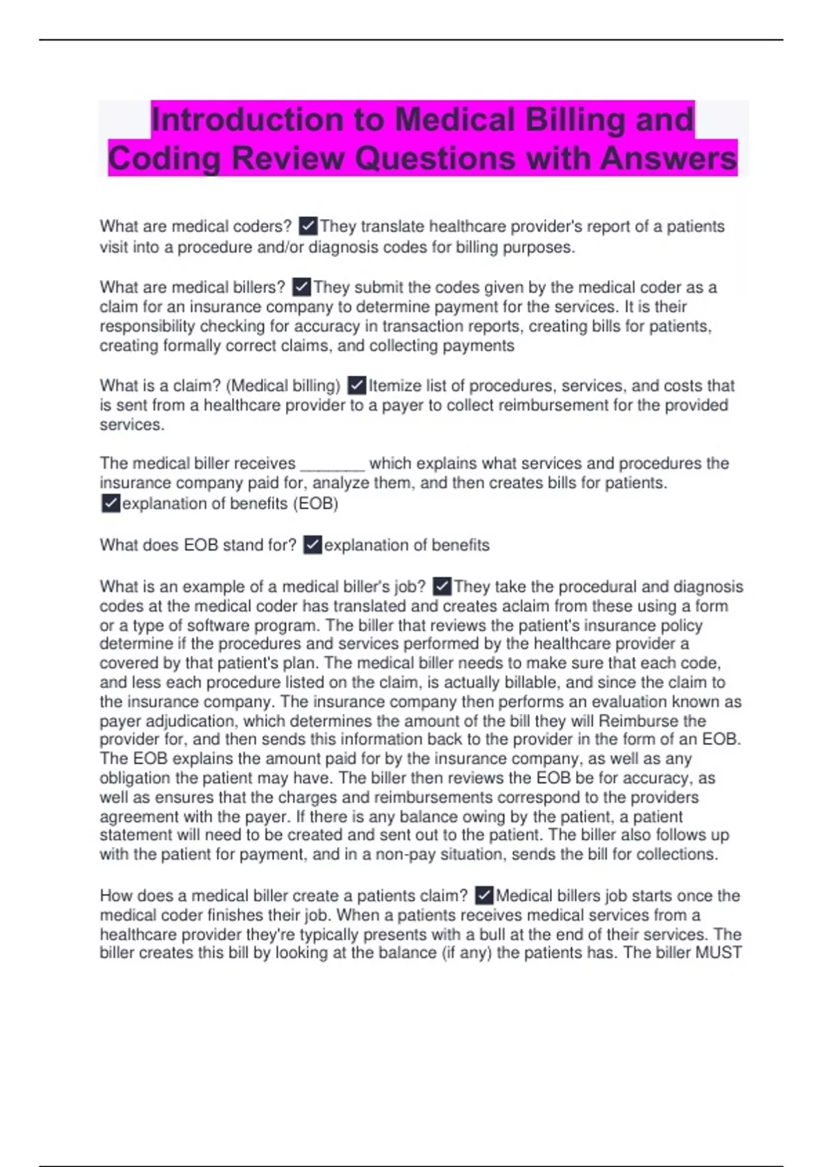 Medical Coding Case Question Introduction to Medical Billing and Coding Review Questions with ...