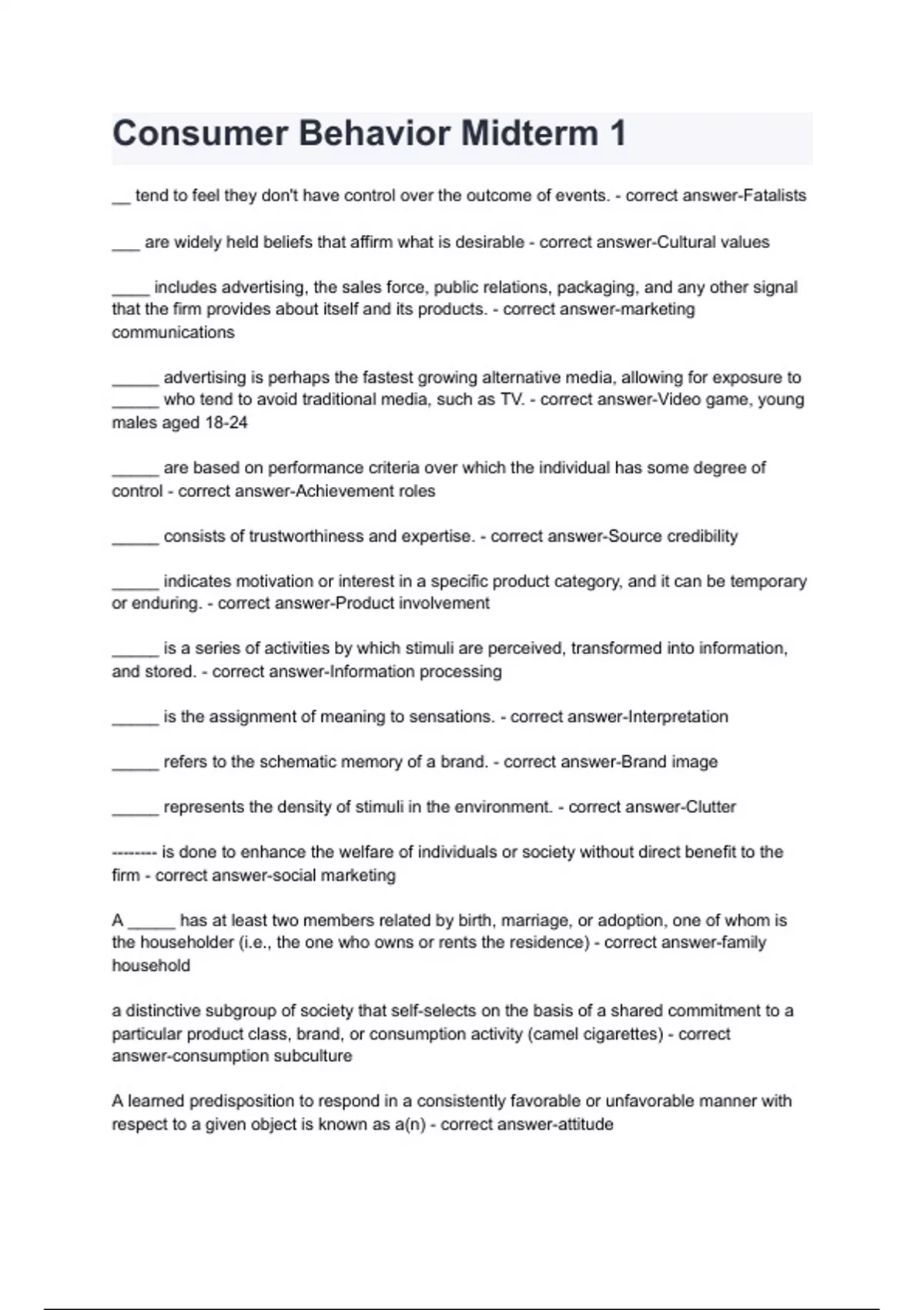 Consumer Behavior Midterm 1 Questions with 100% Actual correct answers ...