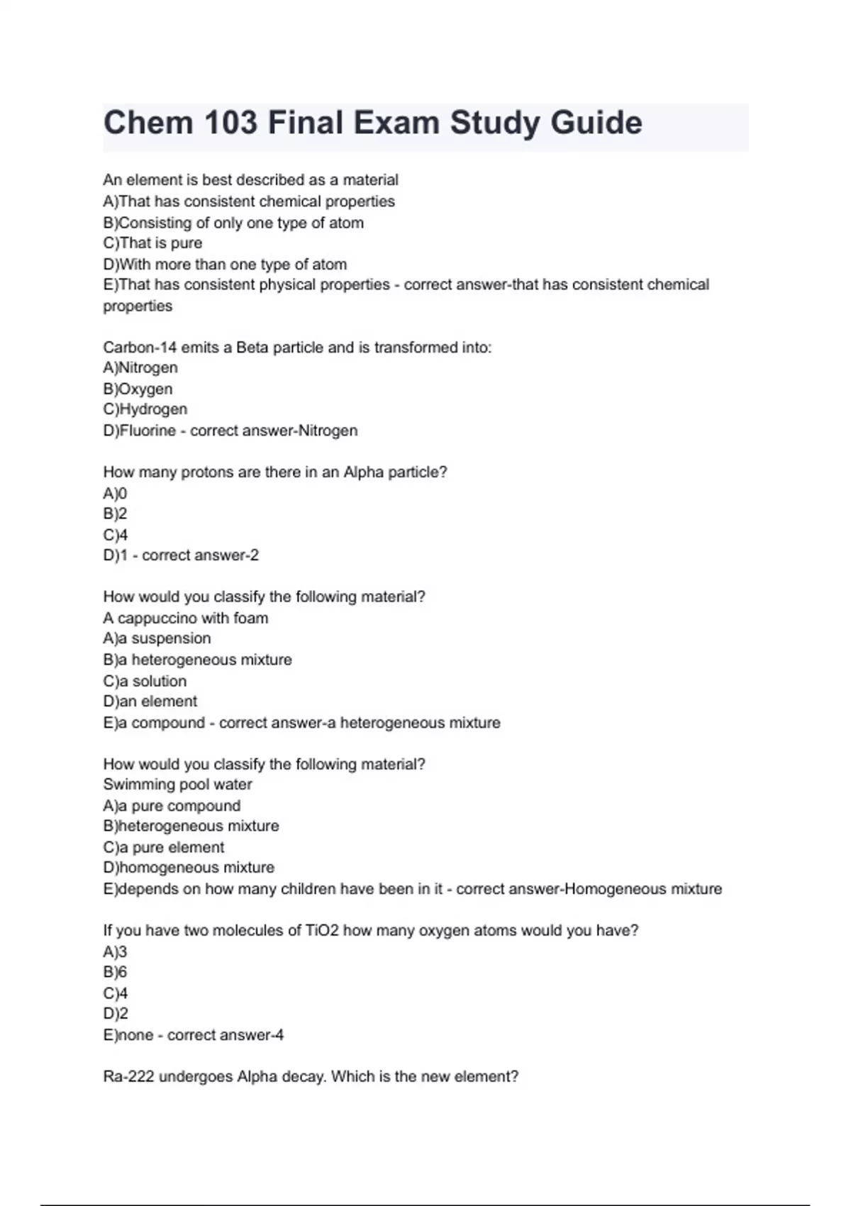 Chem 103 Final Exam Study Guide Questions with 100% Actual correct ...