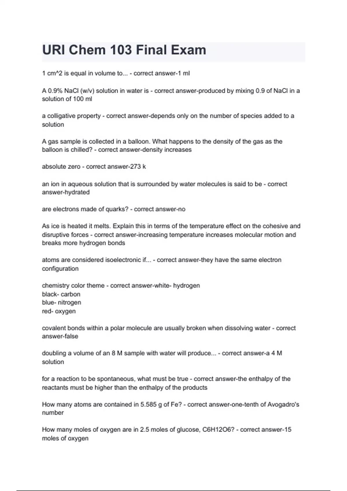 URI Chem 103 Final Exam Questions with 100% Actual correct answers ...