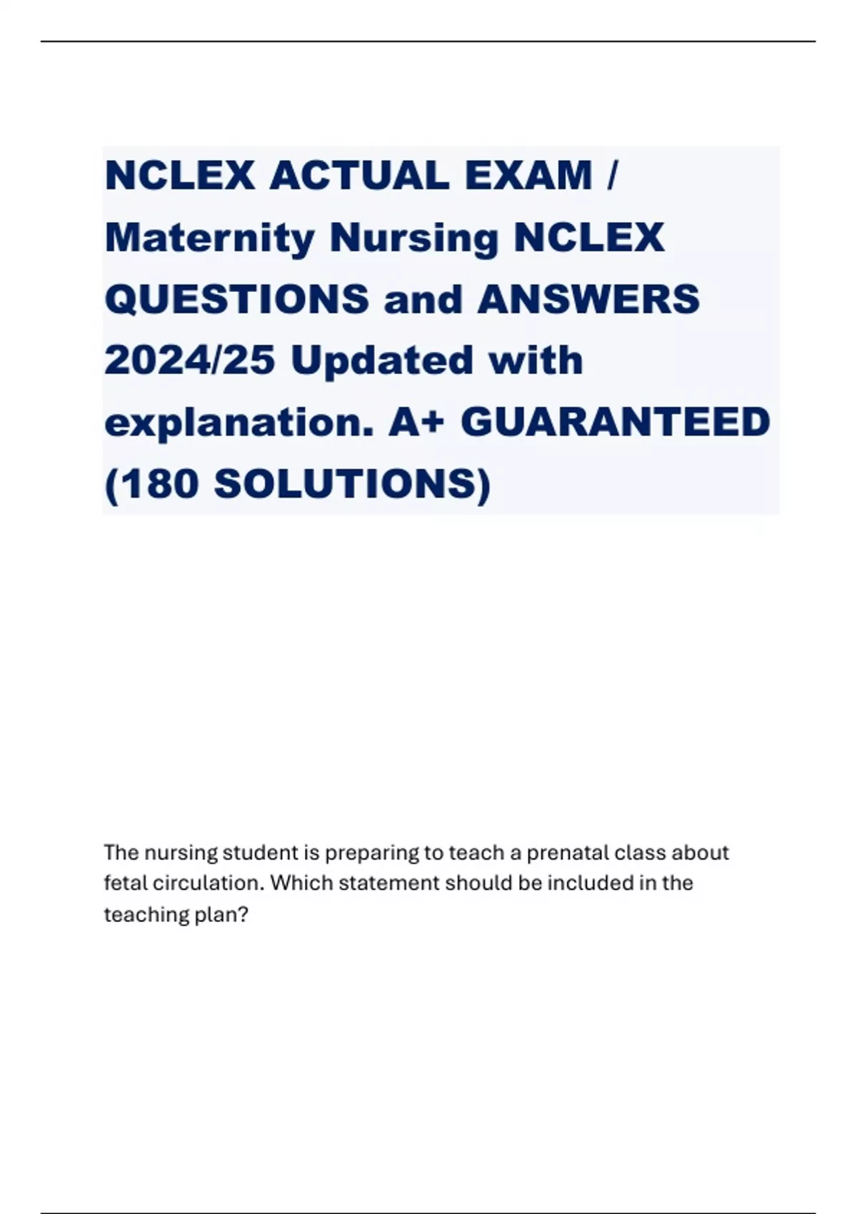 NCLEX ACTUAL EXAM / Maternity Nursing NCLEX QUESTIONS and ANSWERS 2024/