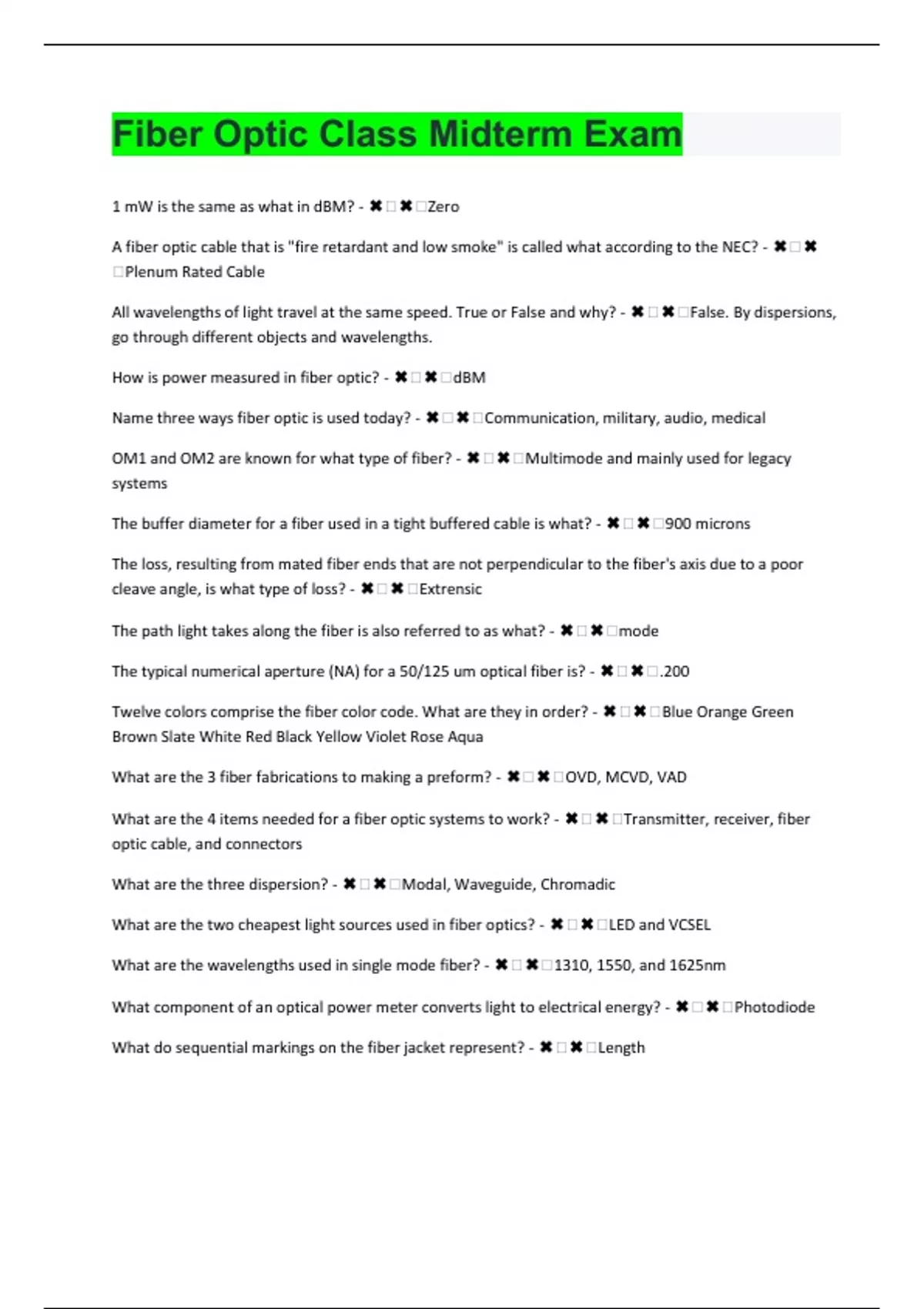 Fiber Optic Class 46 MIdterm Exam Questions And Answers2024 Fiber