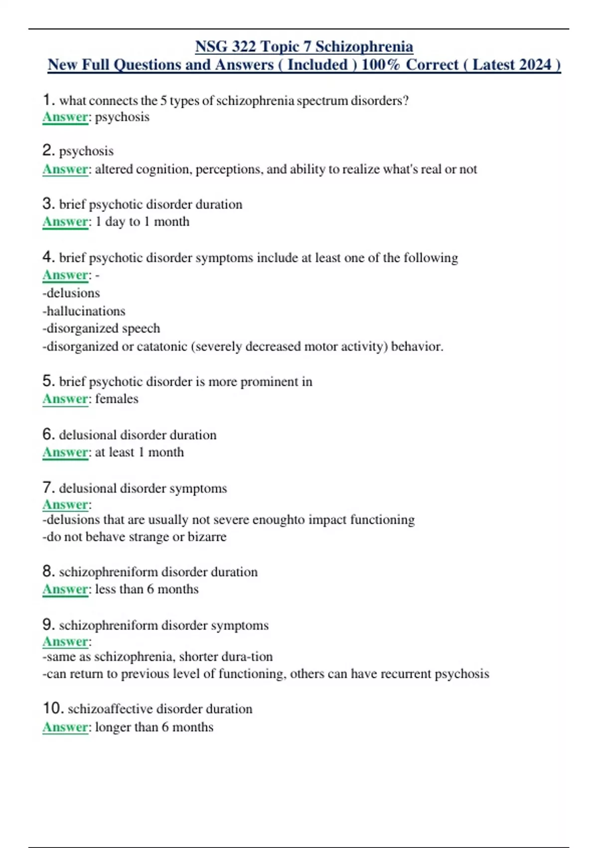 NSG 322 Topic 7 Schizophrenia New Full Questions and Answers ( Included ) 100% Correct ( Latest ...