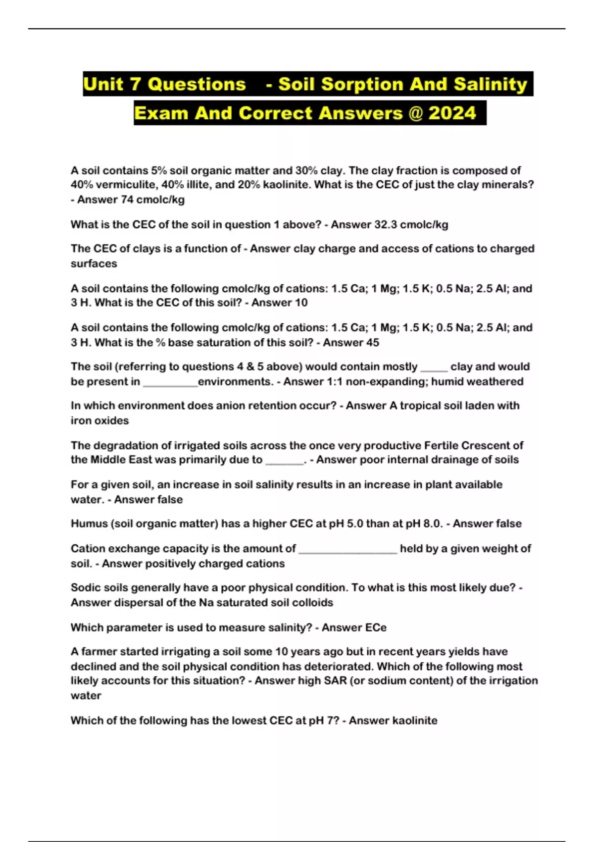 Soil Practical Test Questions Unit 7 Questions - Soil Sorption And Salinity Exam And Correct Answers ...