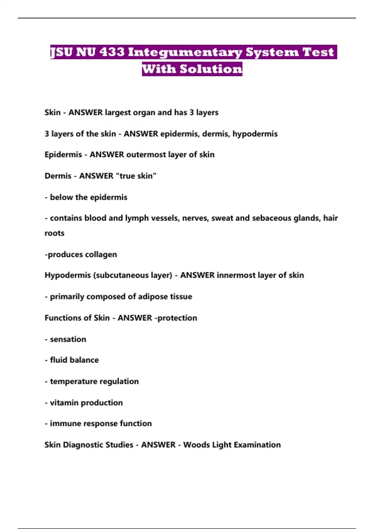 JSU NU 433 Integumentary System Test With Solution - NU 433 - Stuvia US