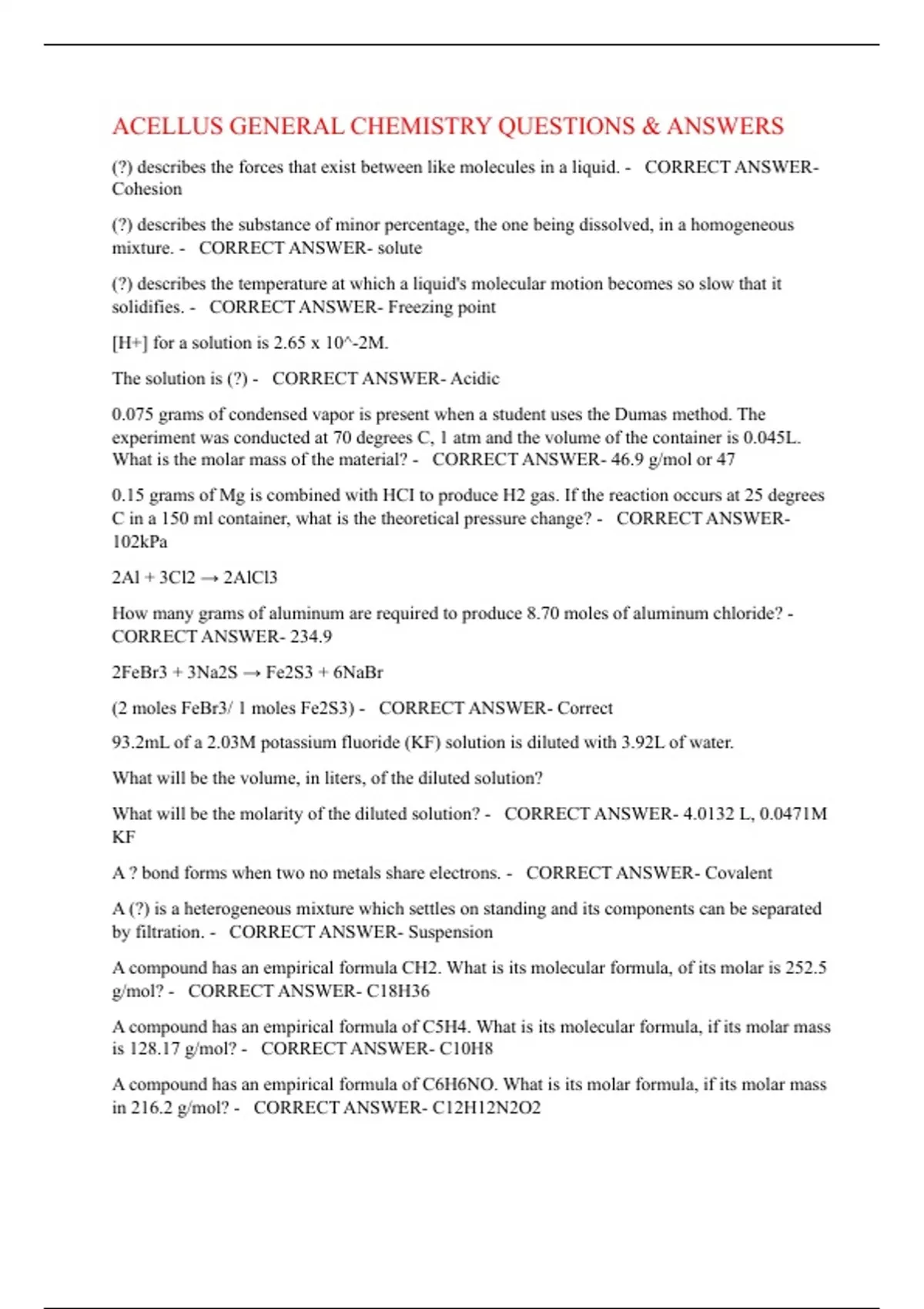ACELLUS GENERAL CHEMISTRY QUESTIONS &amp; ANSWERS - Chemistry - Stuvia US