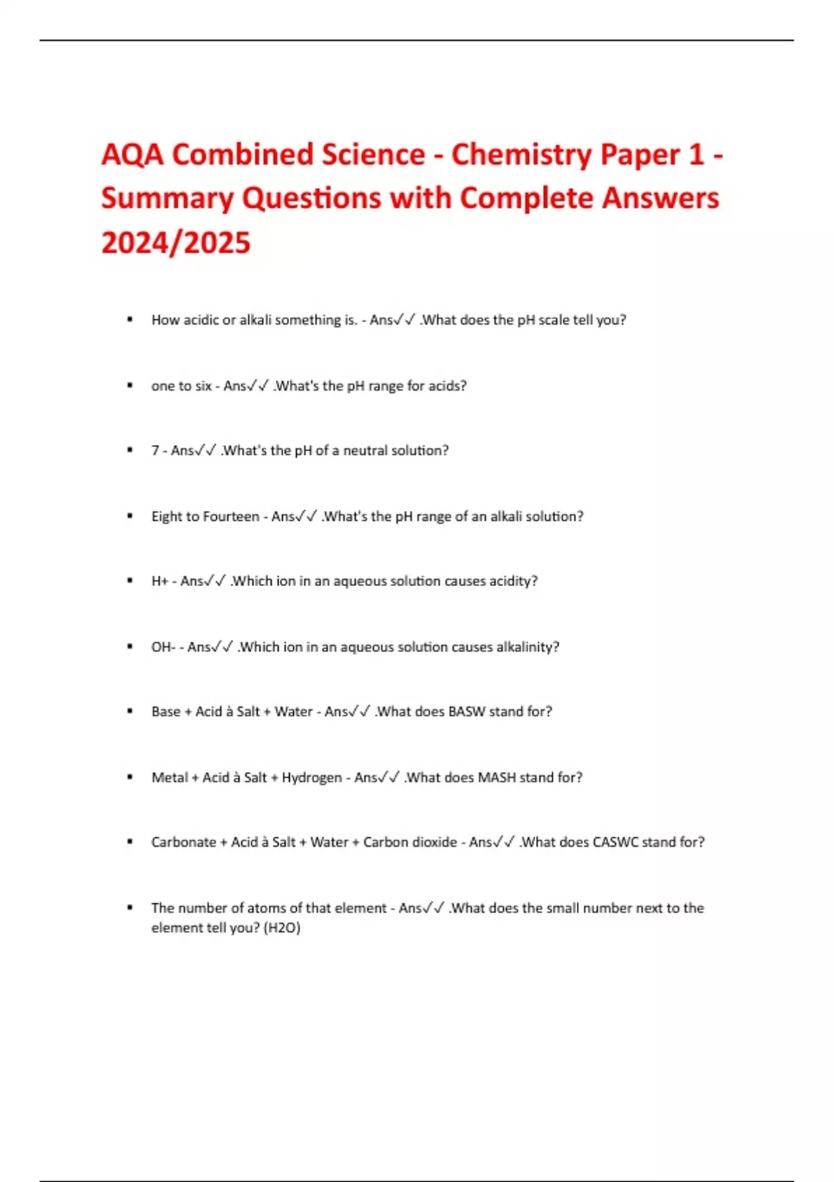 AQA Combined Science - Chemistry Paper 1 - Summary Questions with ...