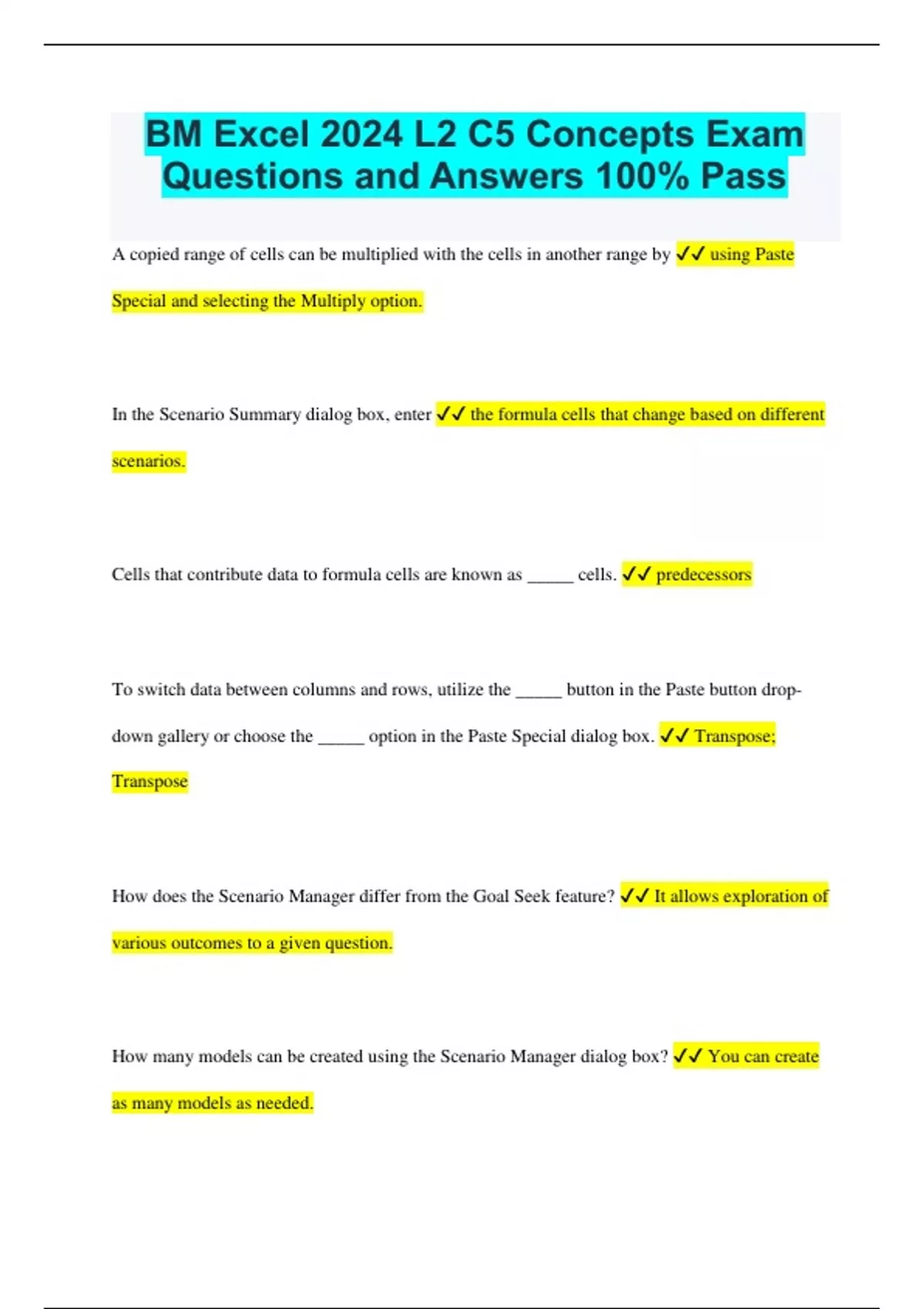 BM Excel 2024 L2 C5 Concepts Exam Questions and Answers 100% Pass - BM ...