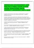 AMERICAN GOVERNMENT AND POLITICS FINAL EXAM STUDY GUIDE QUESTIONS WITH CORRECT ANSWERS 100&percnt; 2024