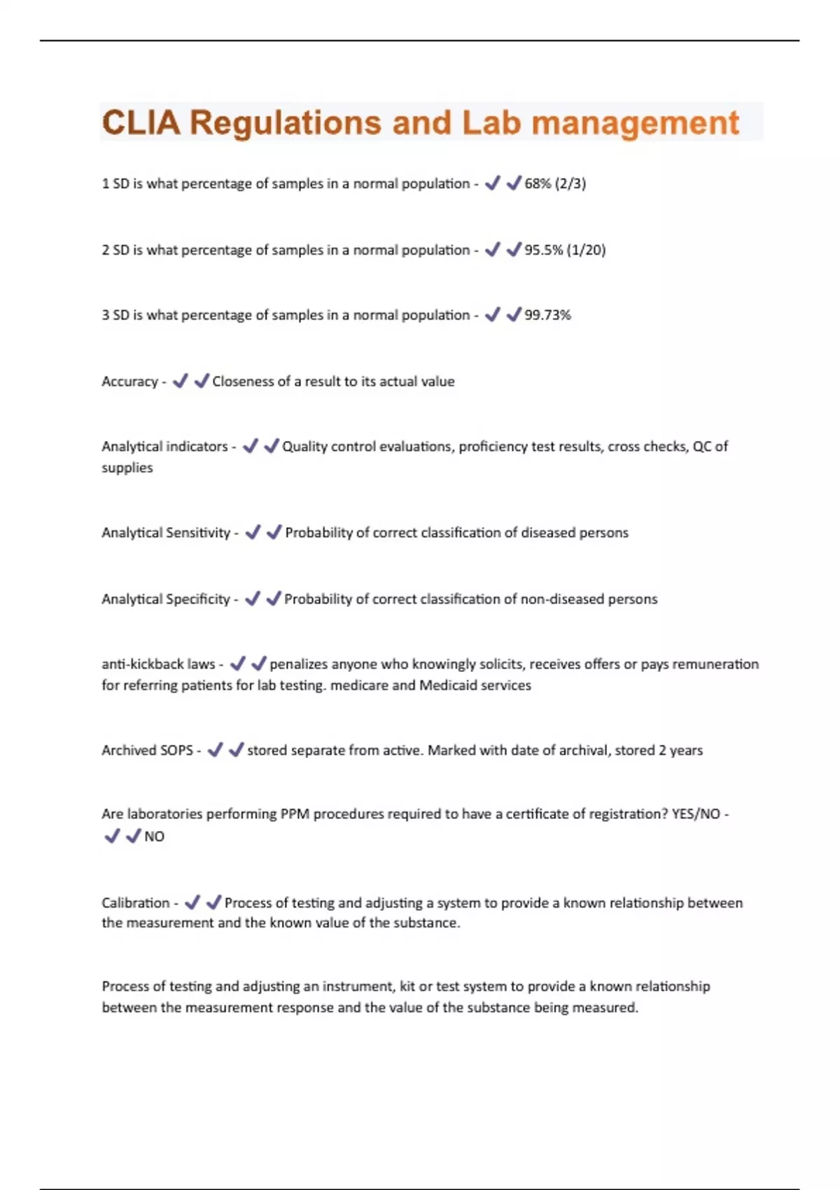 CLIA Regulations and Lab management questions and answers 2024 with