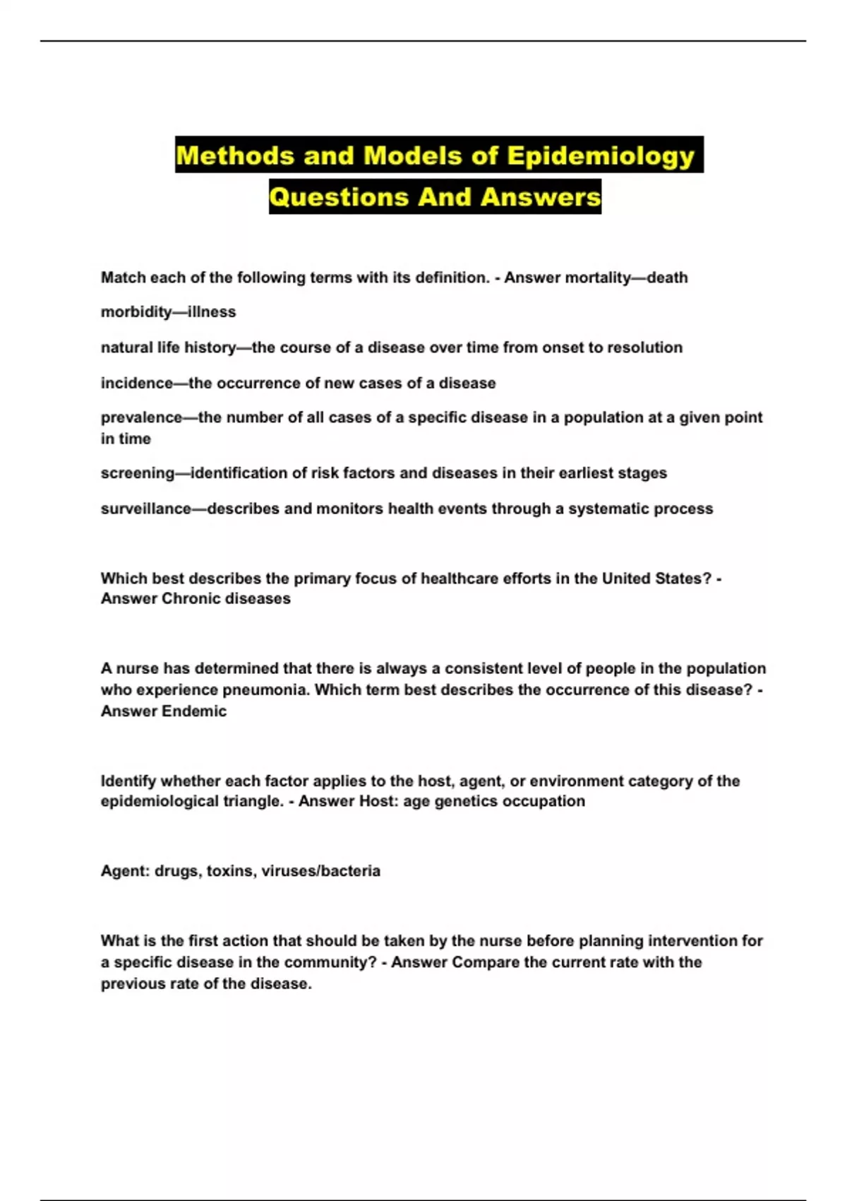 Methods and Models of Epidemiology Questions And Answers Methods and Models of Epidemiology