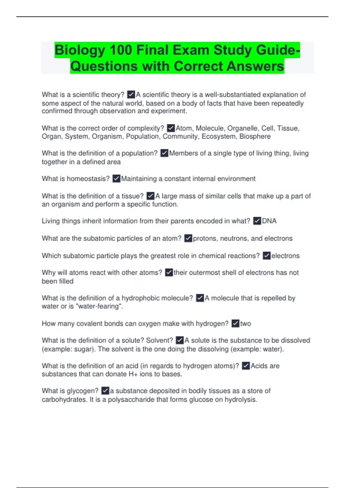 Biology 100 Final Exam Study Guide- Questions with Correct Answers ...