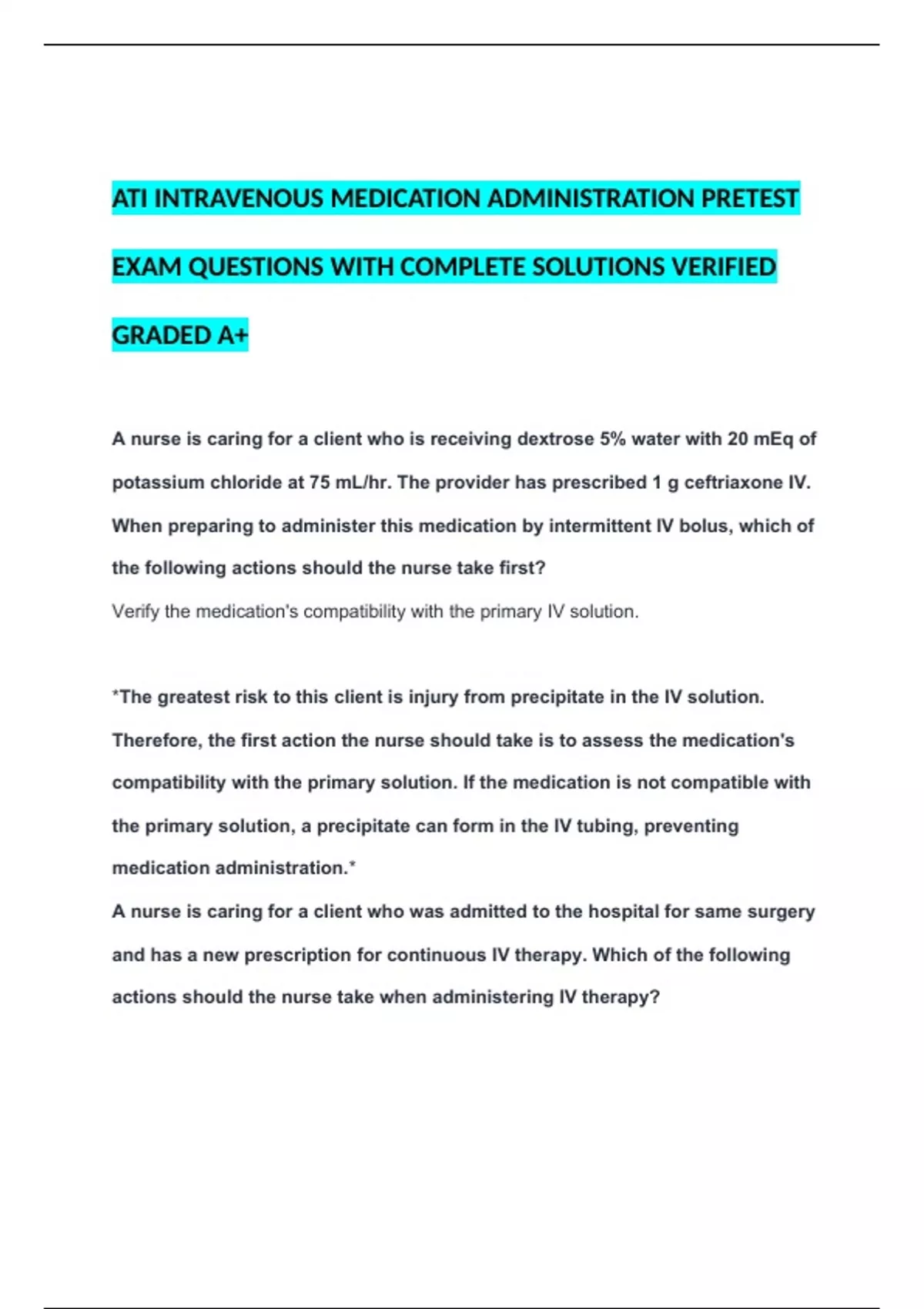 ATI INTRAVENOUS MEDICATION ADMINISTRATION PRETEST EXAM QUESTIONS WITH ...