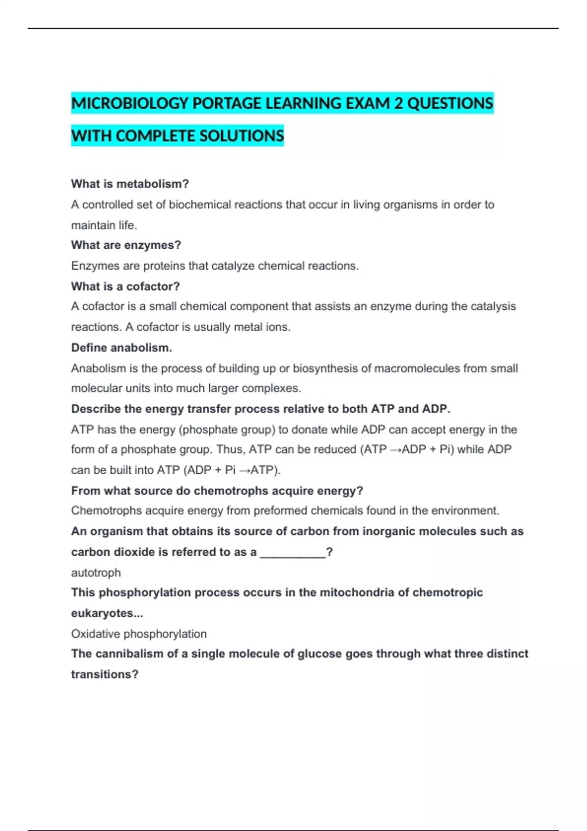 MICROBIOLOGY PORTAGE LEARNING EXAM 2 QUESTIONS WITH COMPLETE SOLUTIONS ...