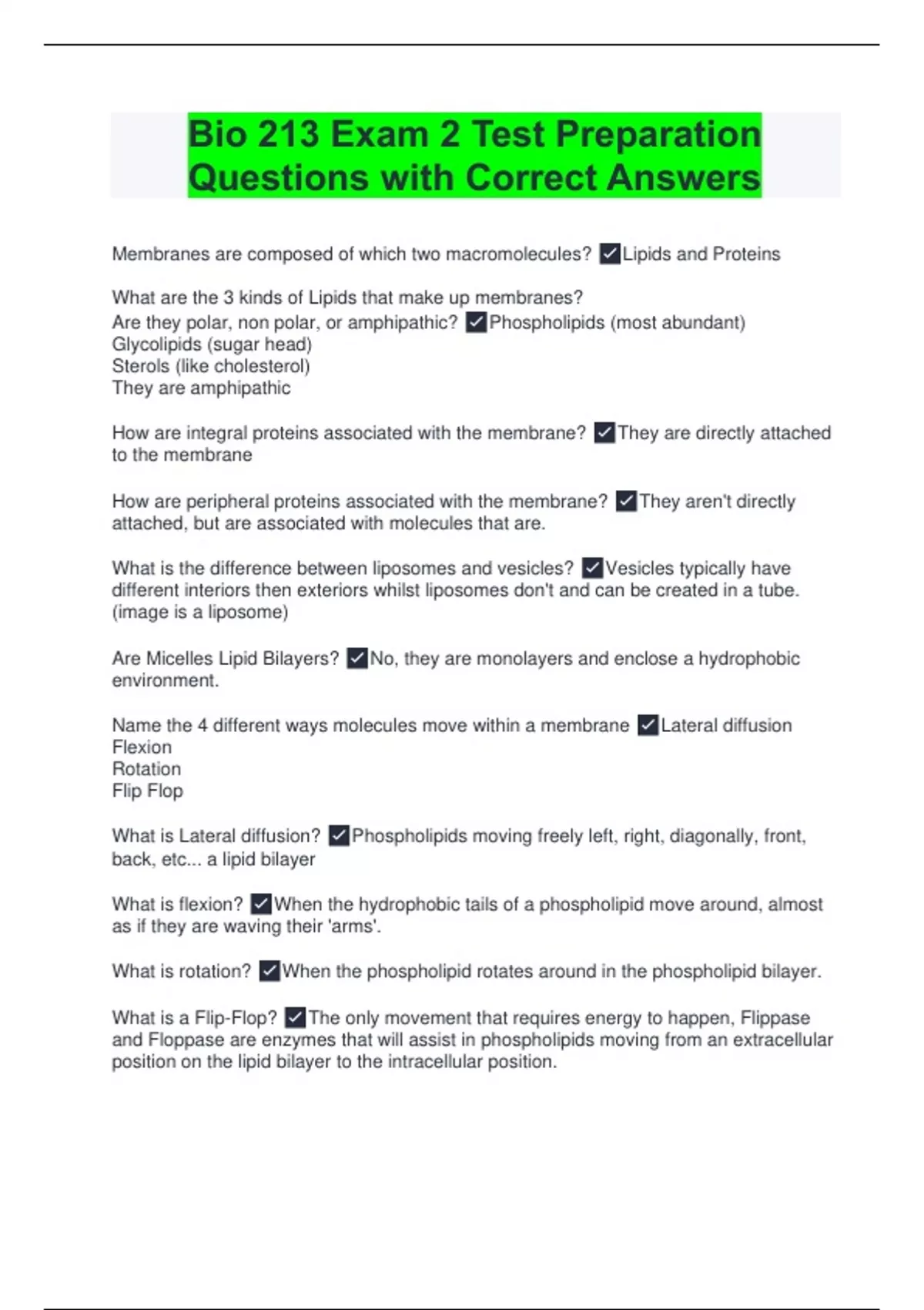 Bio 213 Exam 2 Test Preparation Questions with Correct Answers - Bio ...