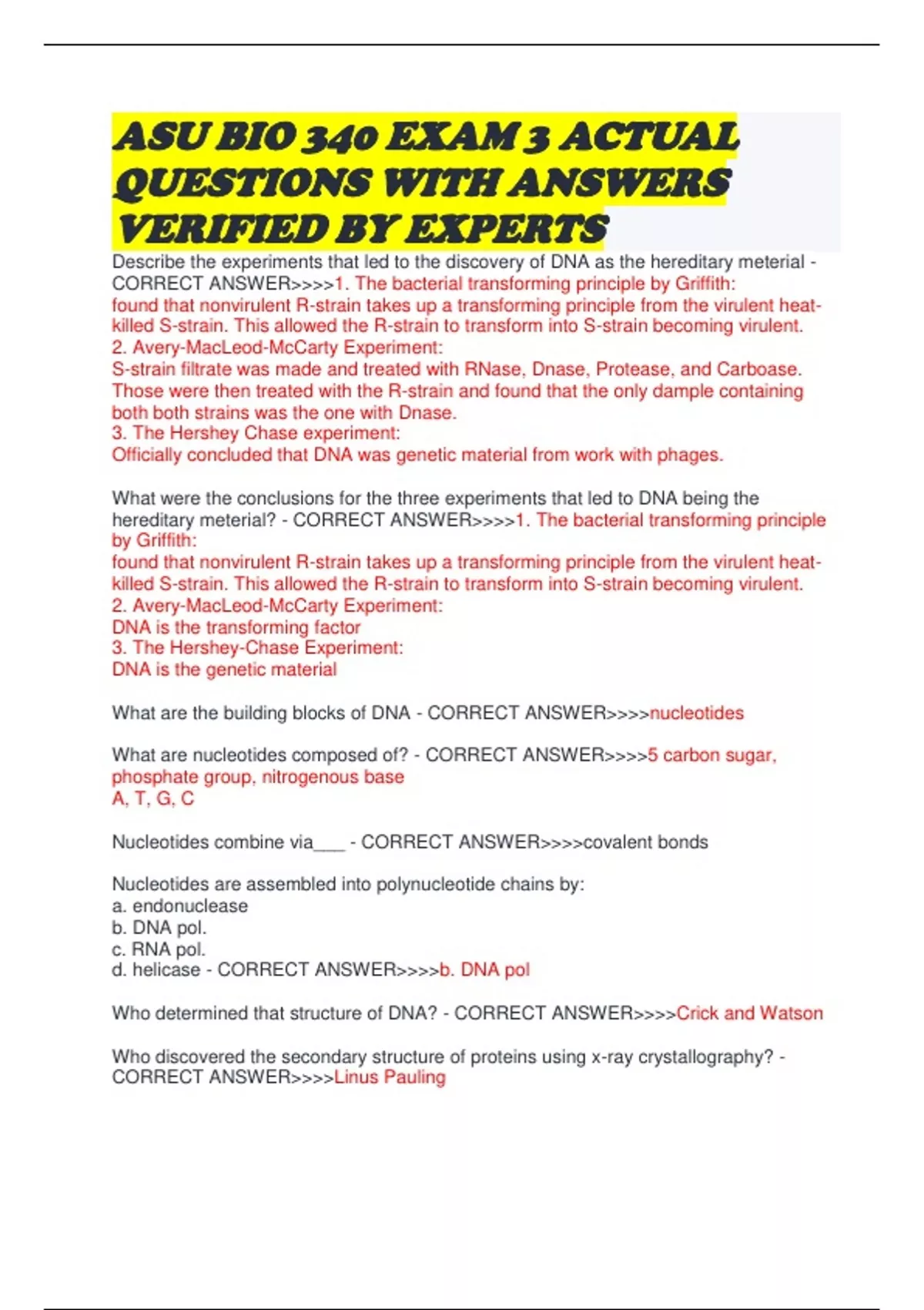 ASU BIO 340 EXAM 3 ACTUAL QUESTIONS WITH ANSWERS VERIFIED BY EXPERTS ...