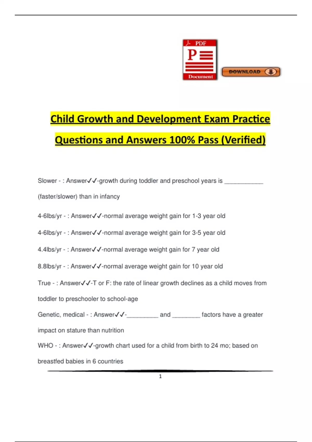 Child Growth and Development Exam Practice Questions and Answers 100% ...