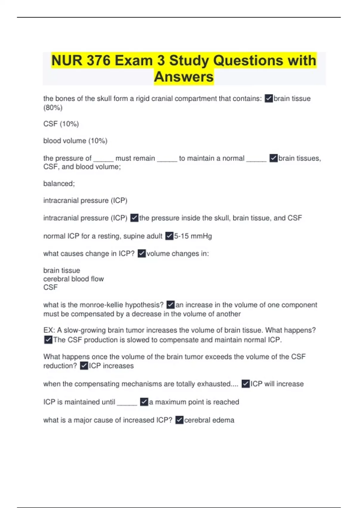 NUR 376 Exam 3 Study Questions with Answers - Nur 376 - Stuvia US