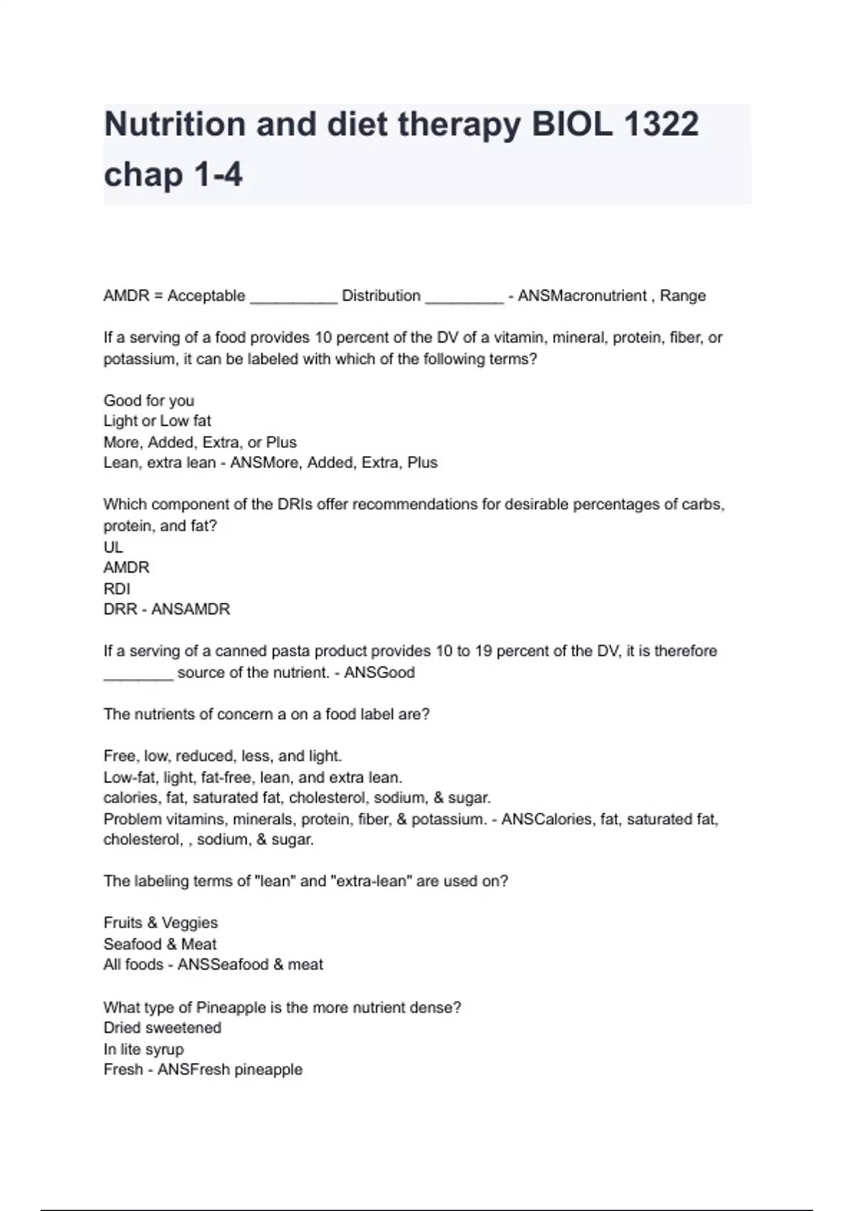 Nutrition and diet therapy BIOL 1322 chap 1-4 questions and answers ...