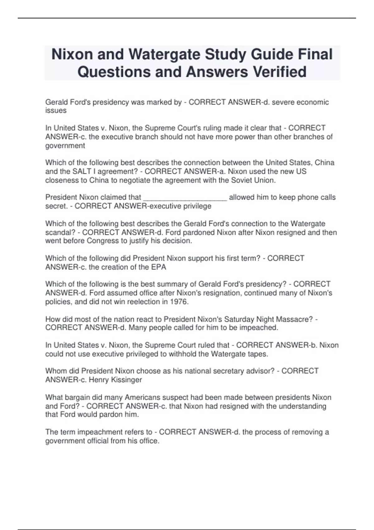 Nixon and Watergate Study Guide Final Questions and Answers Verified ...
