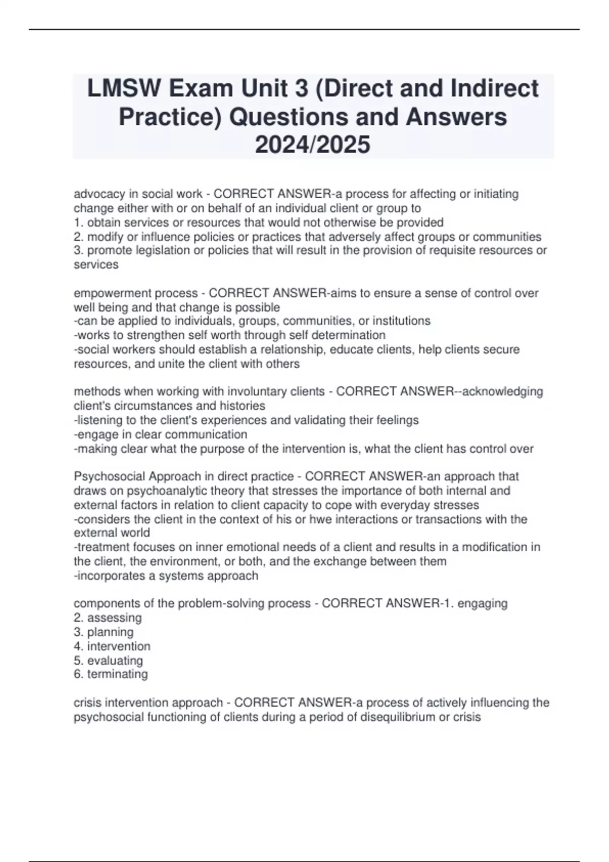 LMSW Exam Unit 3 (Direct and Indirect Practice) Questions and Answers 2024/2025 - LMSW ...