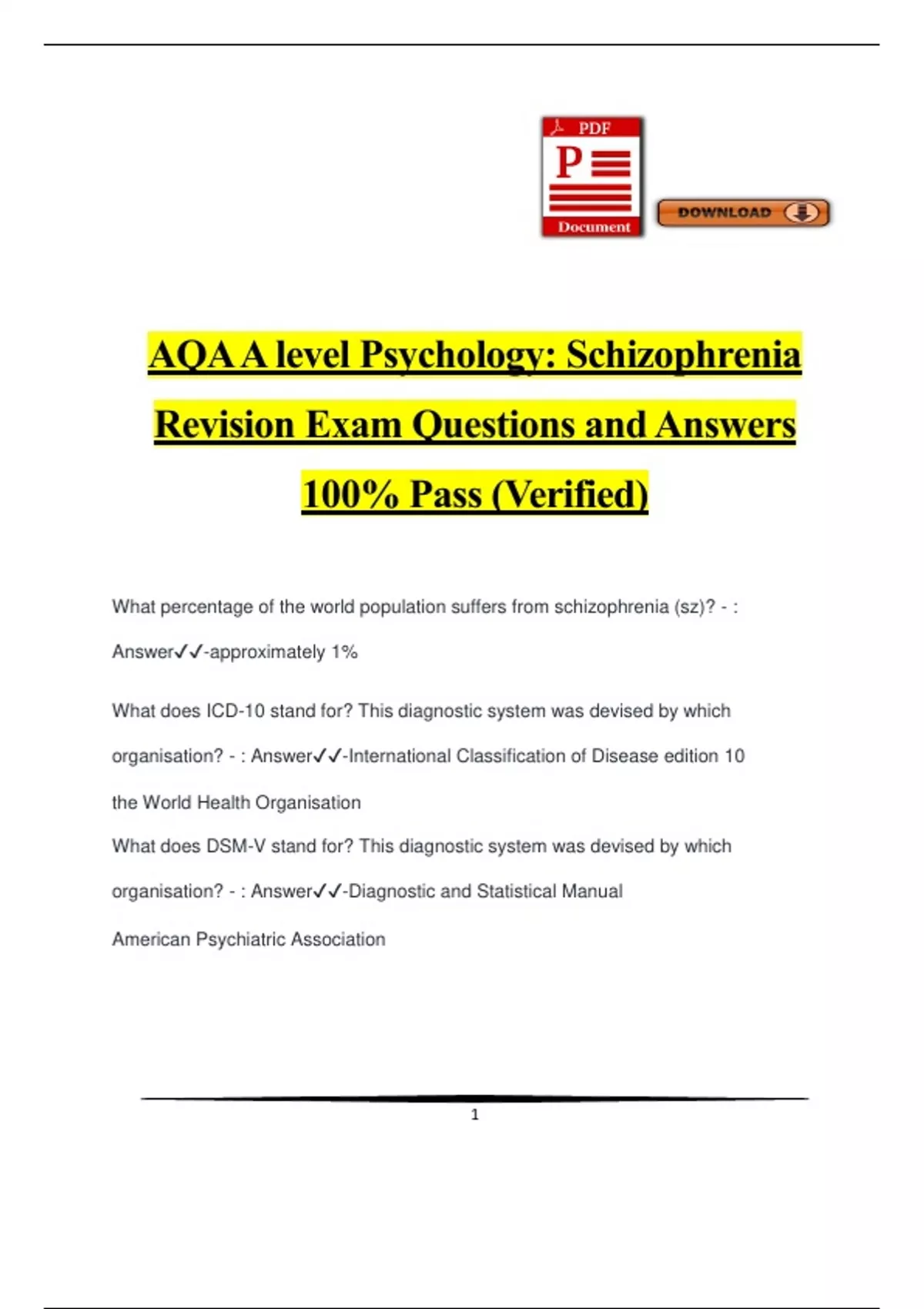AQA A level Psychology: Schizophrenia Revision Exam Questions and ...