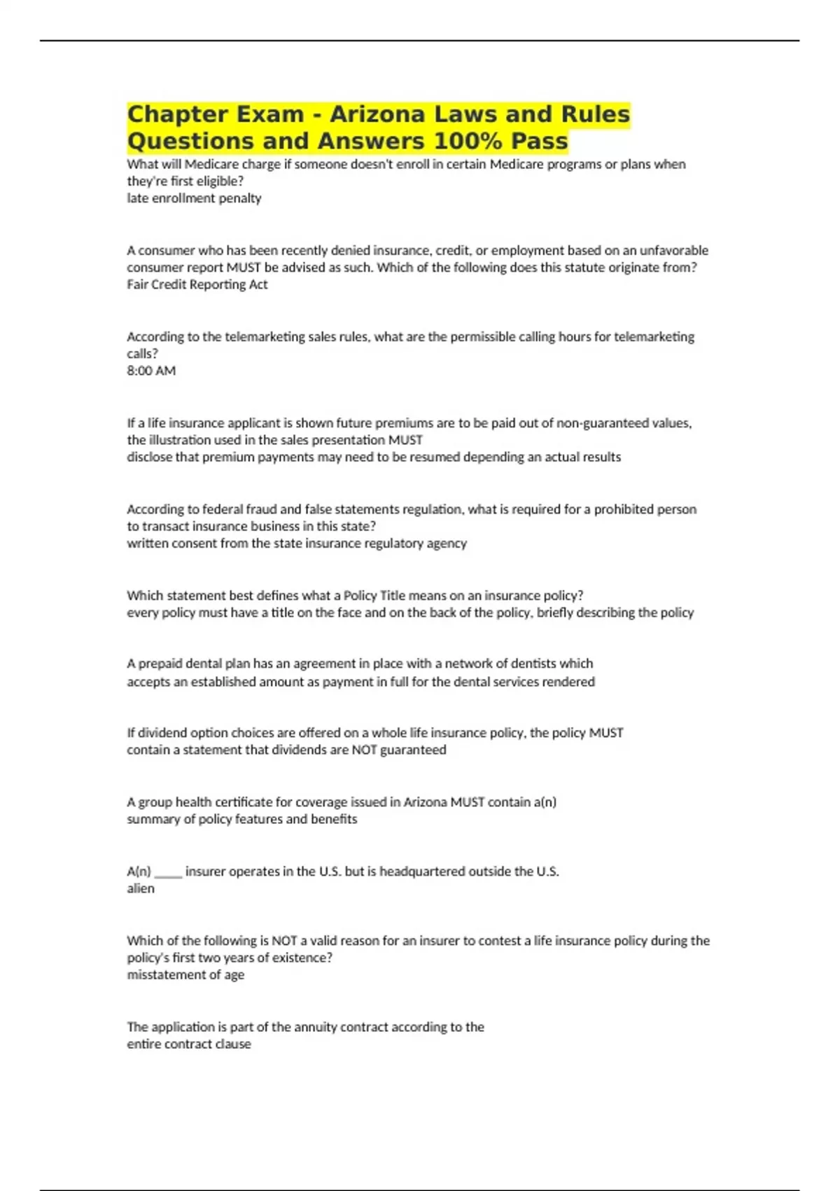 Chapter Exam Arizona Laws and Rules Questions and Answers 100 Pass