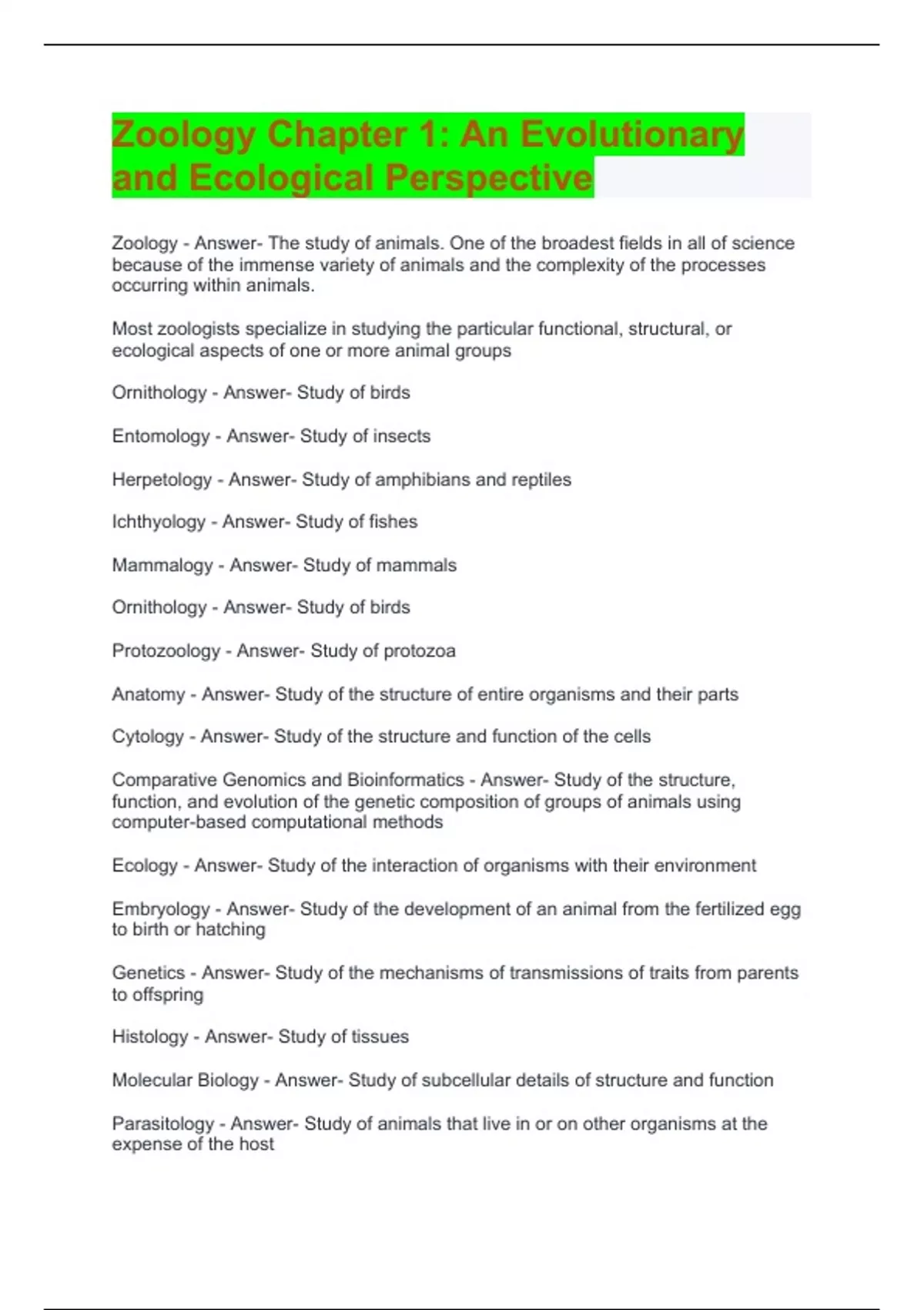 Zoology Chapter 1 An Evolutionary and Ecological Perspective Questions