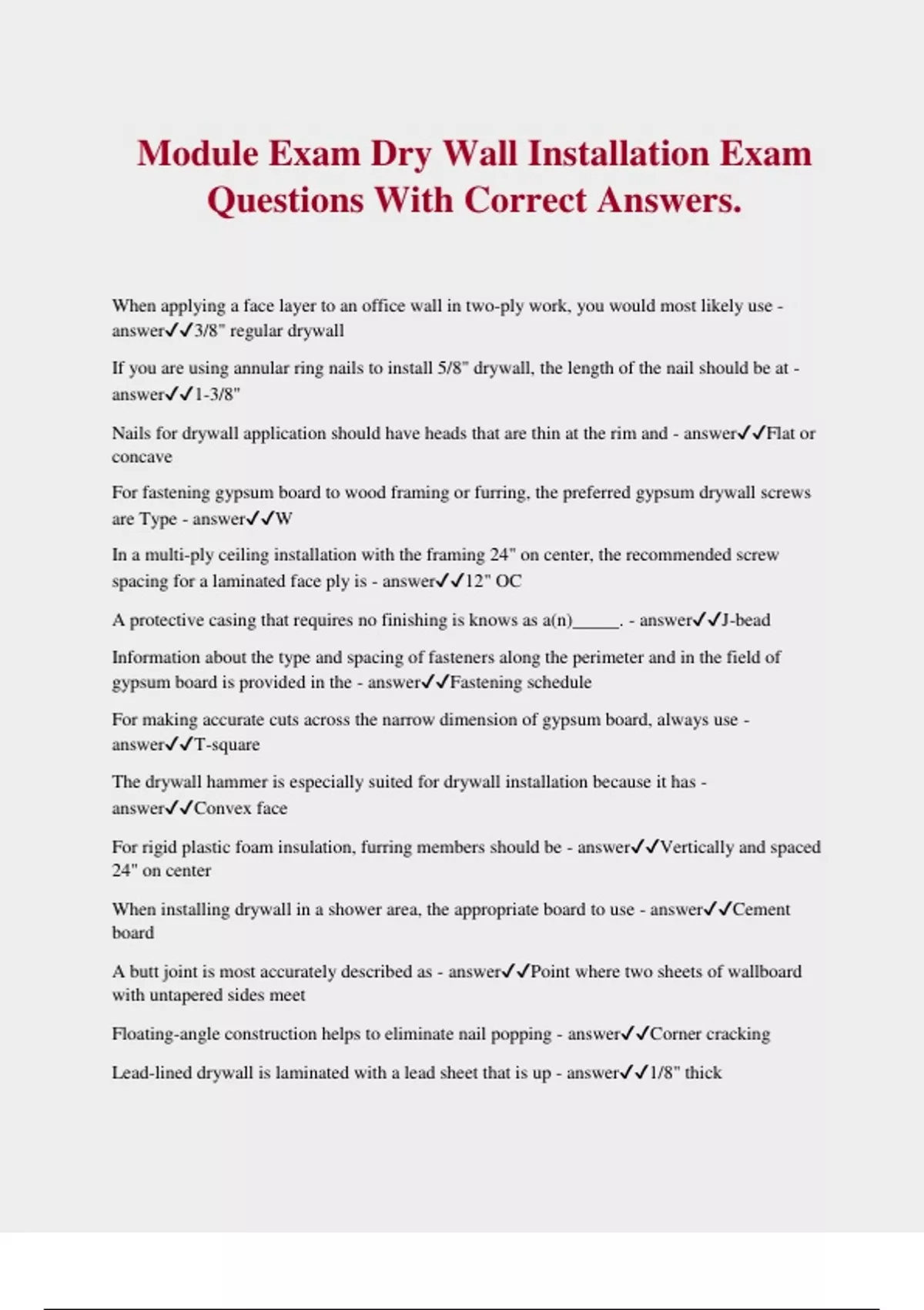 Module Exam Dry Wall Installation Exam Questions With Correct Answers ...