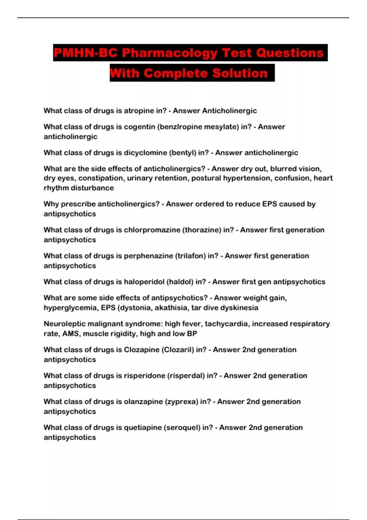PMHN-BC Pharmacology Test Questions With Complete Solution - PMHN-BC ...