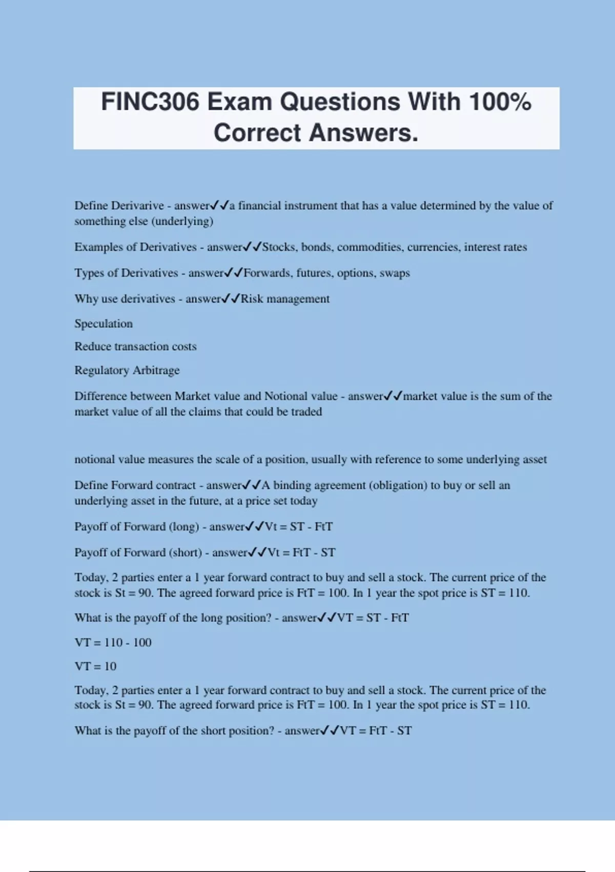 FINC306 Exam Questions With 100% Correct Answers. - FINC - Stuvia US