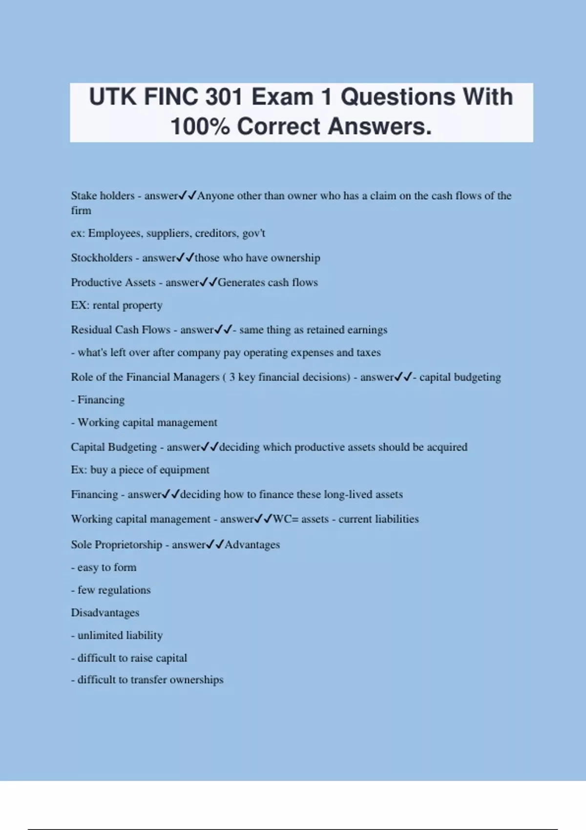 UTK FINC 301 Exam 1 Questions With 100% Correct Answers. - FINC - Stuvia US