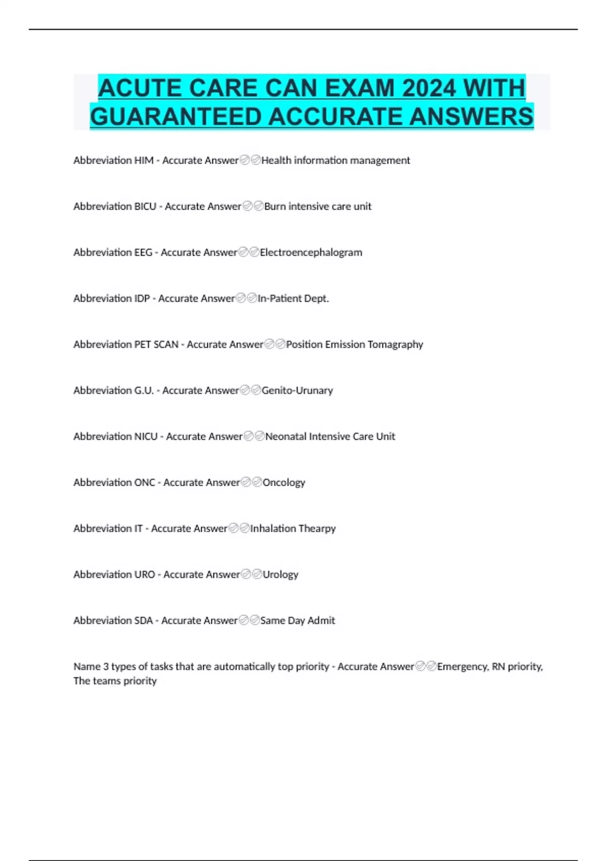ACUTE CARE CAN EXAM 2024 WITH GUARANTEED ACCURATE ANSWERS - Acute Care CNA - Stuvia US